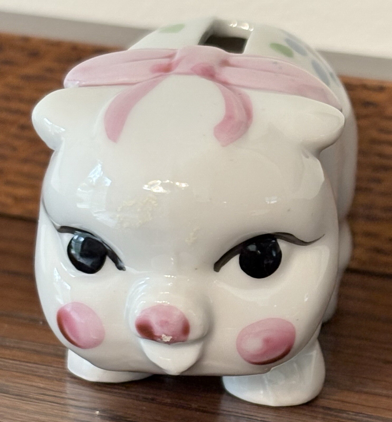 Vintage White Ceramic Tiny Piggy Bank Pink Bow Flower 3\