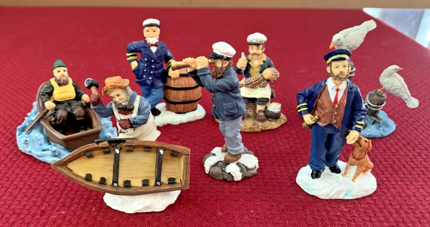 LOT 7 PCS. HOLIDAY XMAS VILLAGE FISHERMAN FIGURINES, CAPTAIN, SAILORS, SEAGULLS