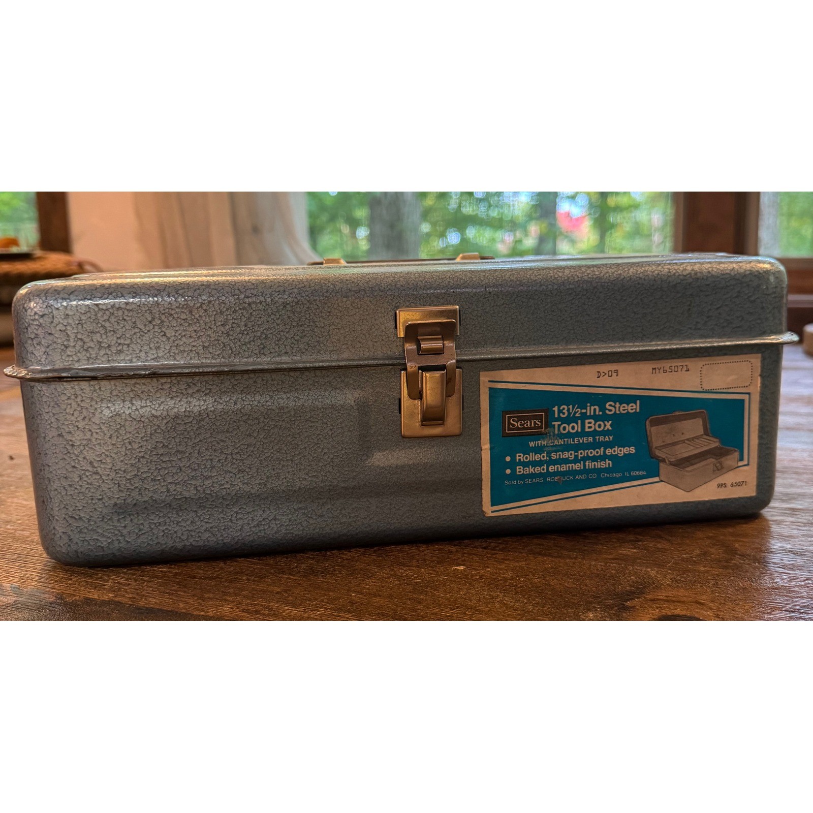 Vintage Sears 13.5in Steel Tool Box Blue Hammered Enamel Cantilever Tray 65071