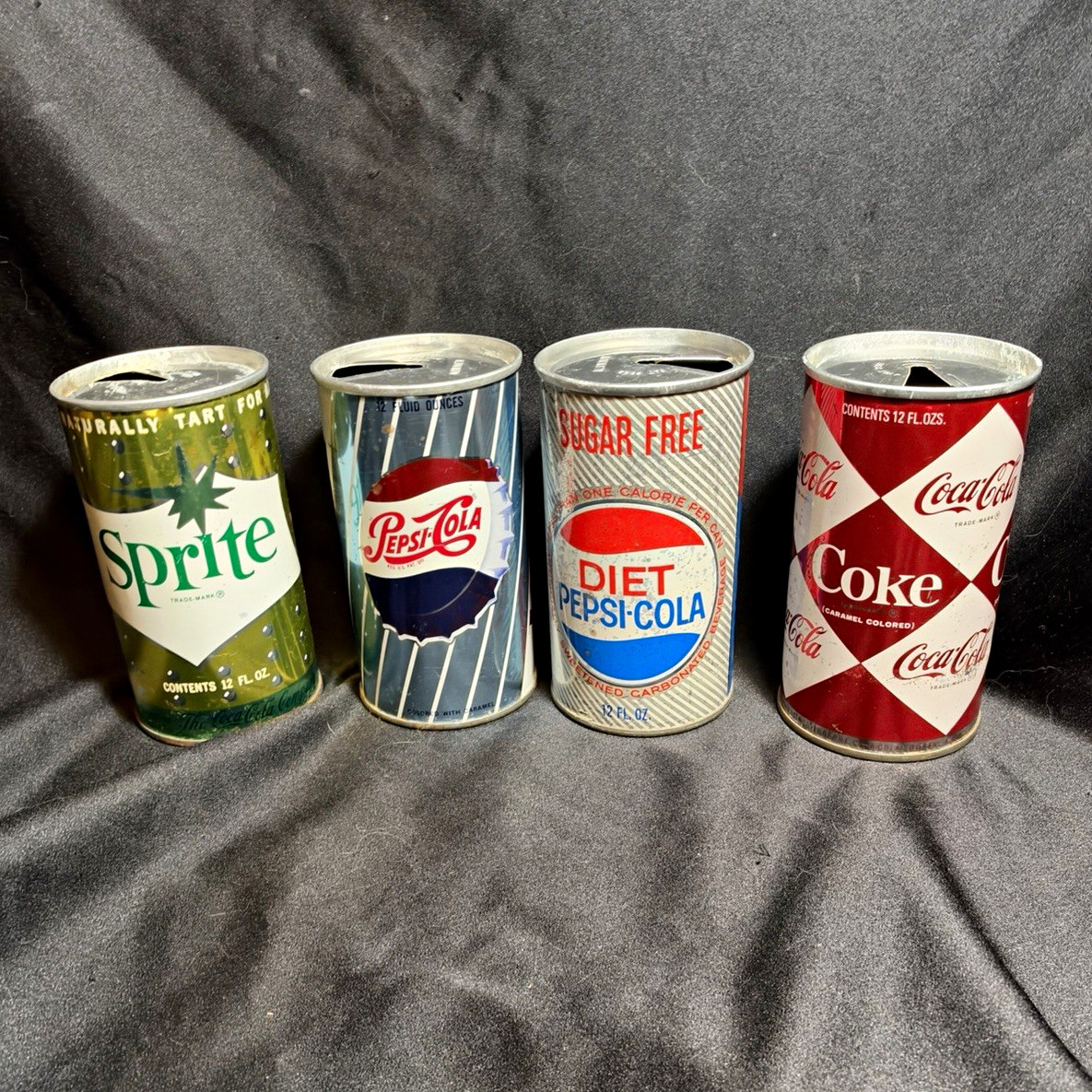 1960\'s Sprite Pepsi Diet Pepsi-Cola Coca-Cola Vintage Pull Tab Soda Can Lot of 4