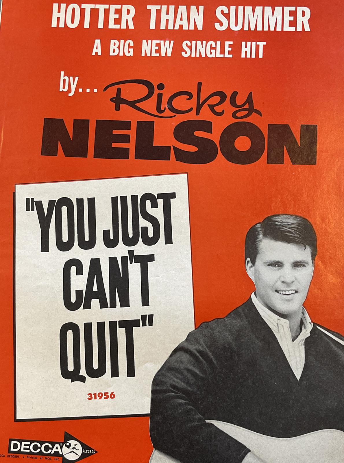 Original Vintage 1966 RICKY NELSON Just Cant Quit Music Decca Record Ad