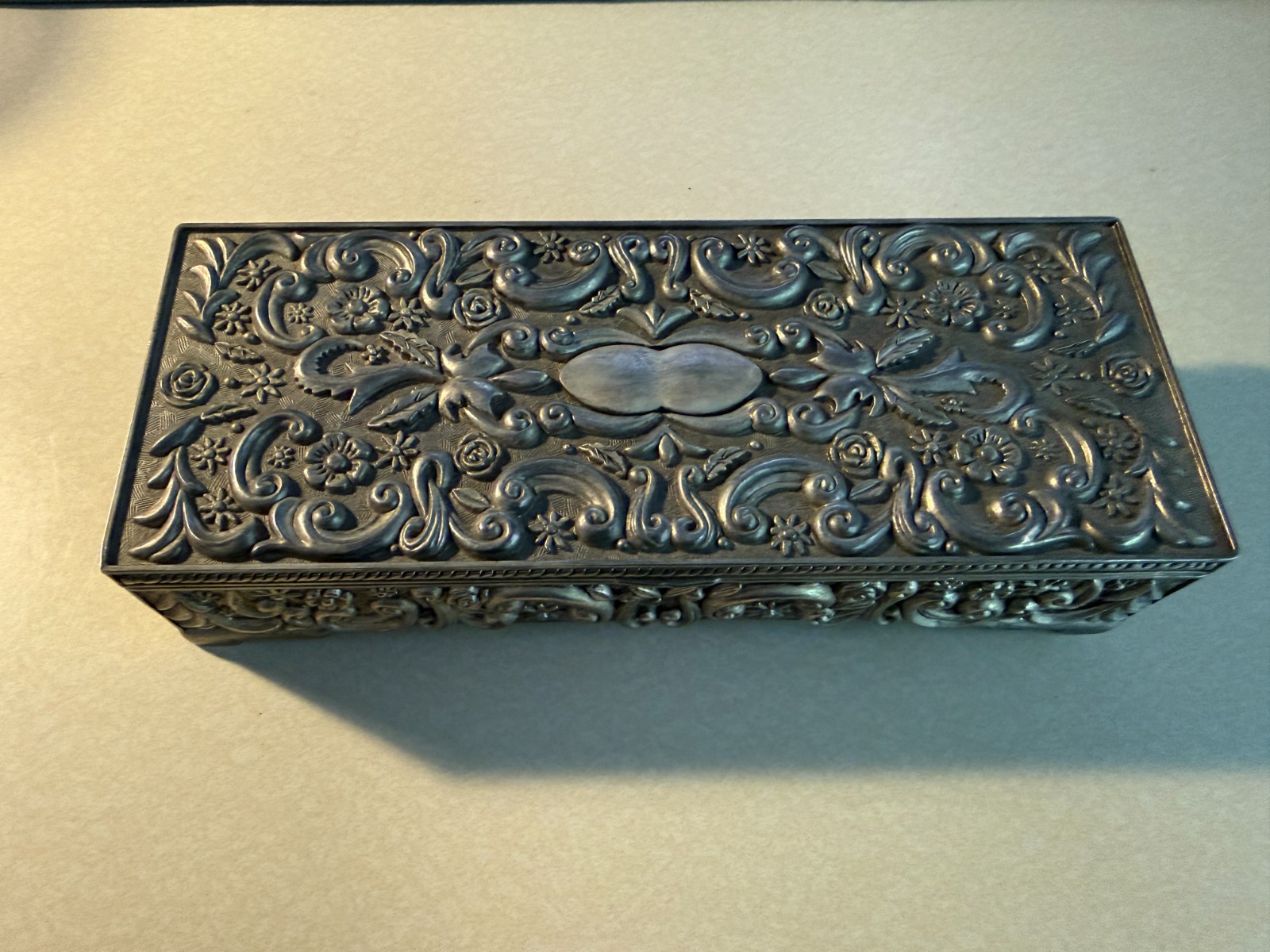 1992 Godinger Silver Plated Jewelry Trinket Box with gray velvet Interior