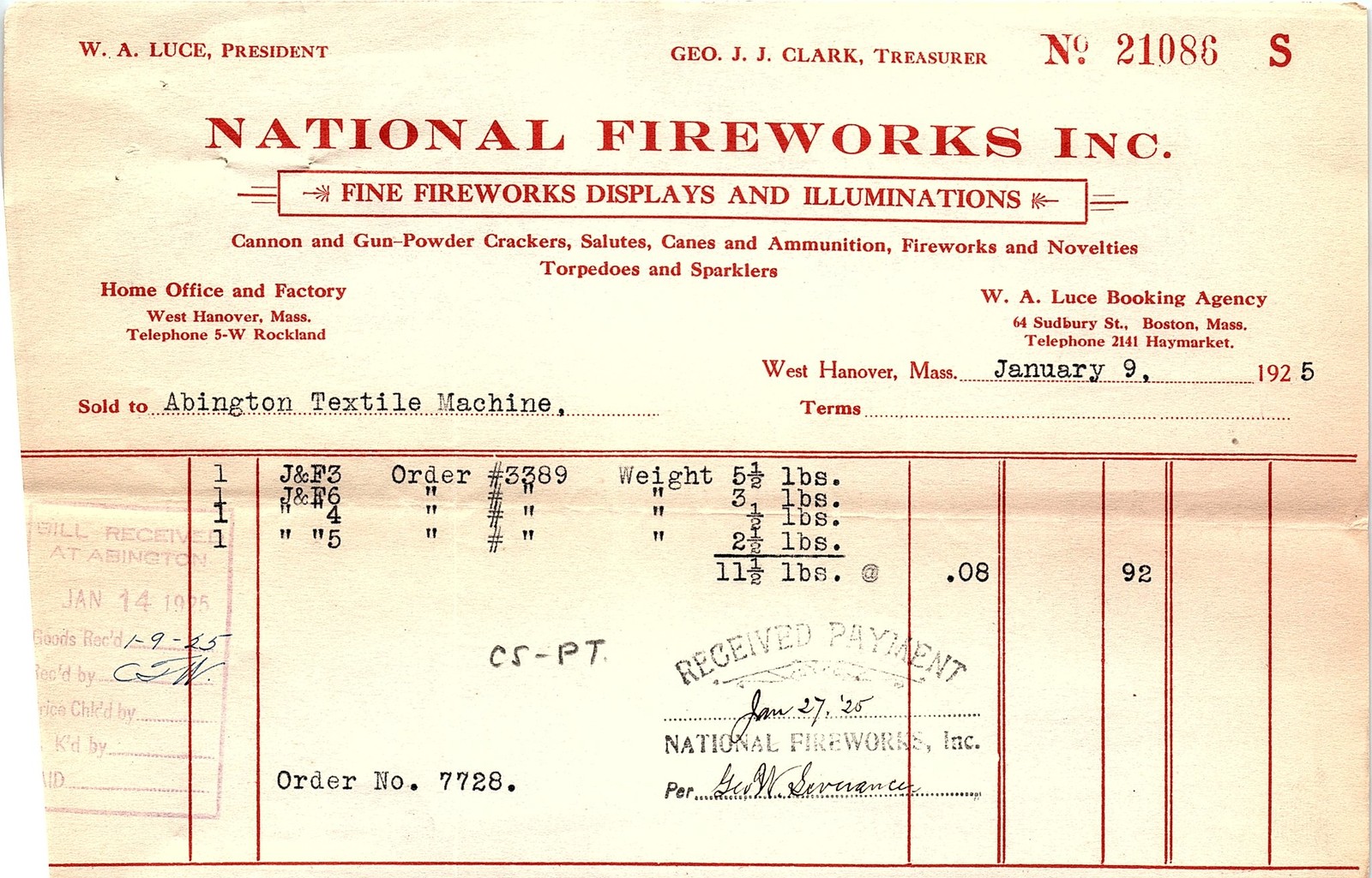 1925 National Fireworks Inc. paid billhead