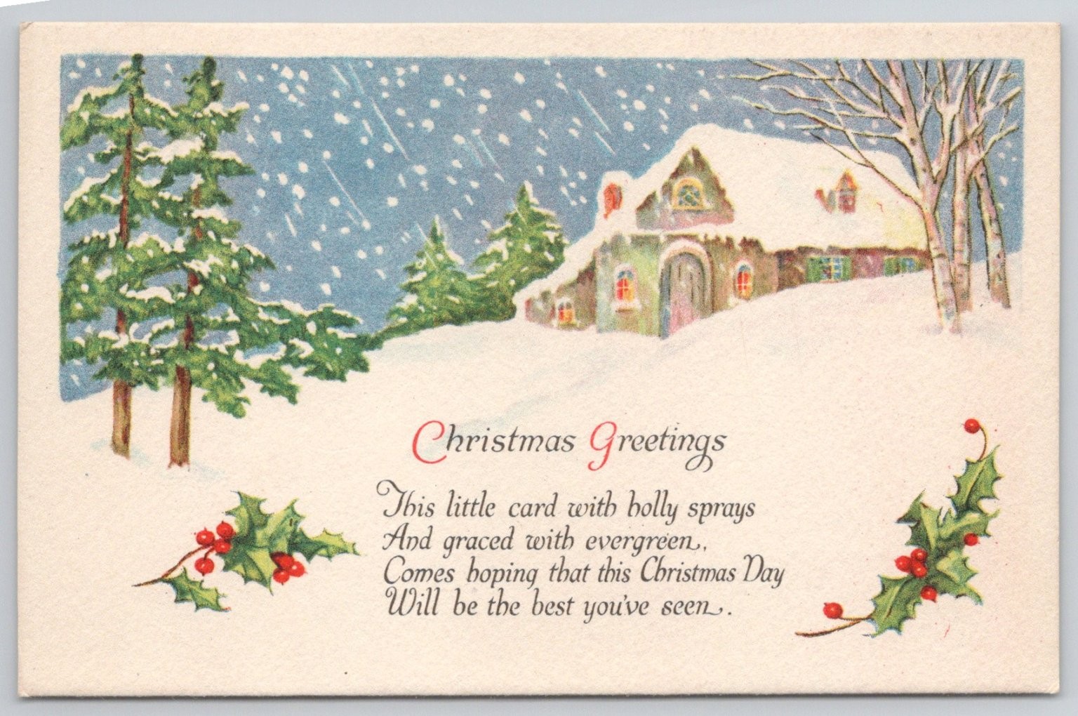 Vintage Christmas Greetings Postcard Snowy House Winter Scene Holly Poem J.P. NY