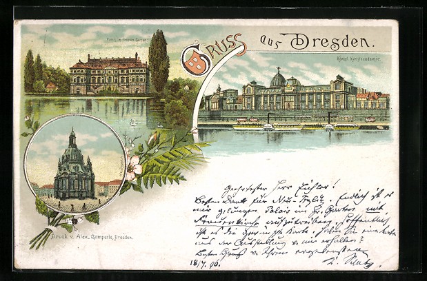 Lithograph Dresden, Royal Art Academy, Palace in the Great Garden 1896 