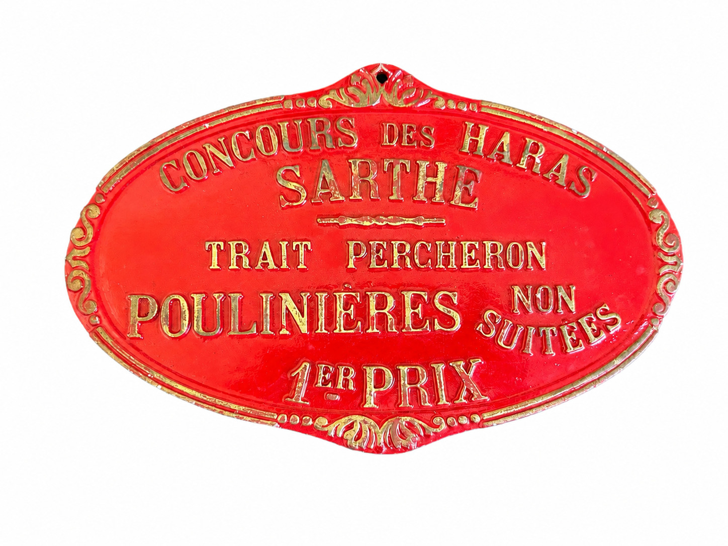 Vintage French Percheron Horse Competition 1st Prize Plaque Sarthe Red Gold 9”