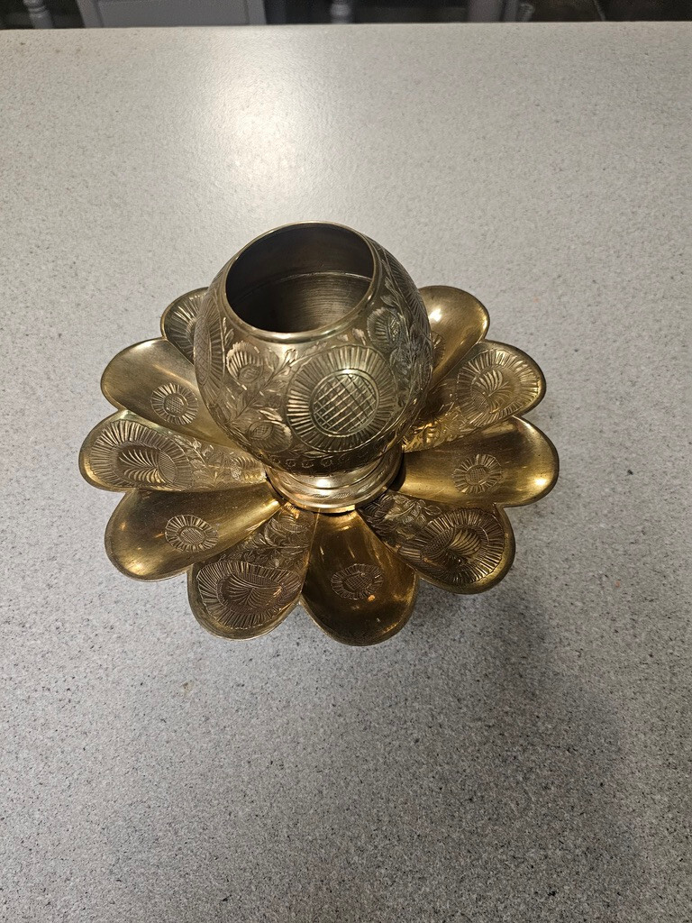 Vintage Heavy INDIA Solid Brass Gold Engraved Flowers Pedestal Bowl + CUP.  NICE