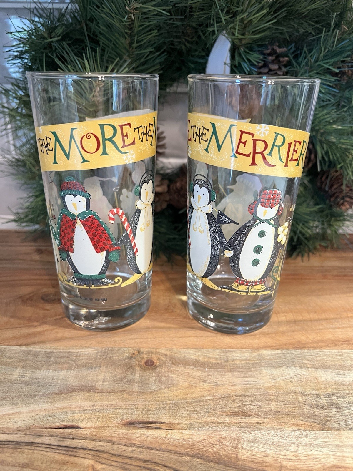 Vtg 1998 Debbie Mumm The More The Merrier Penguin Glass Tumblers Christmas Set 2