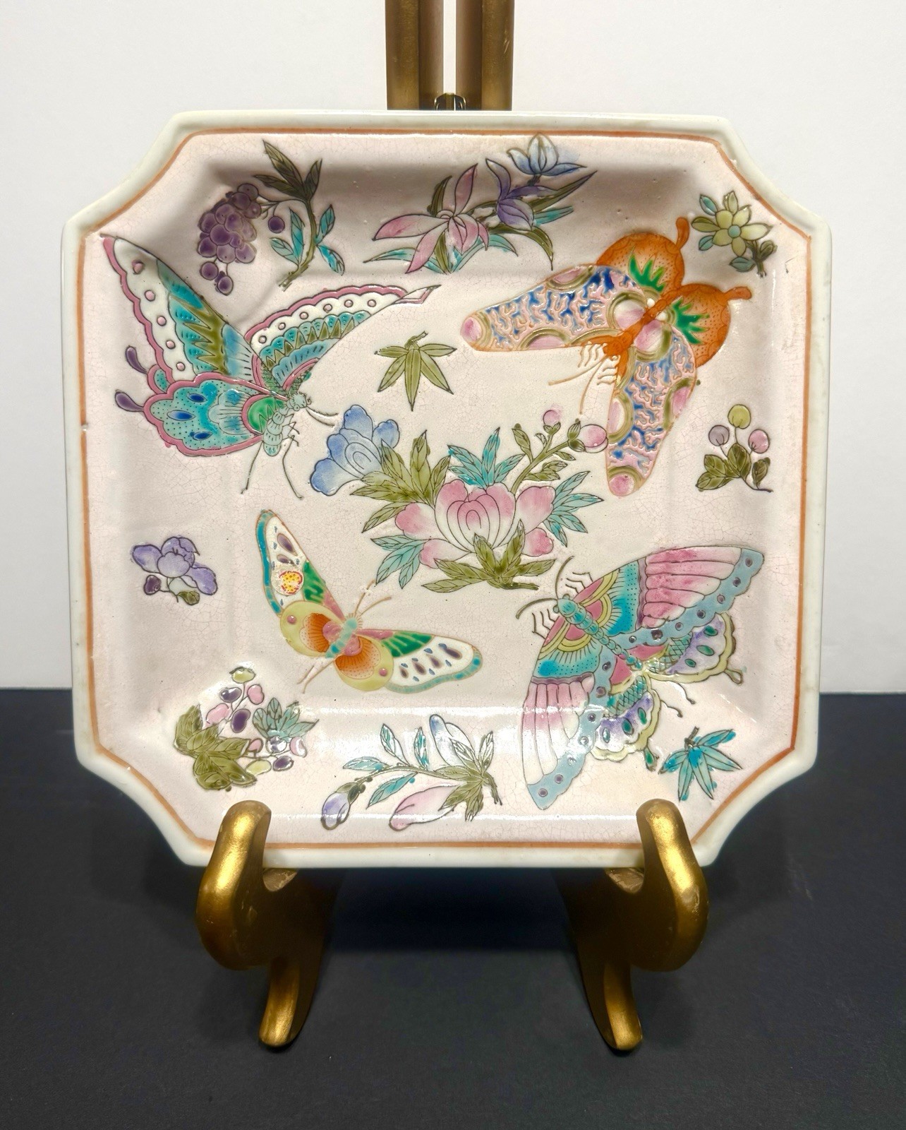Beautiful Vtg Chinoiserie Decorative Multicolor Butterflies Design Square Dish