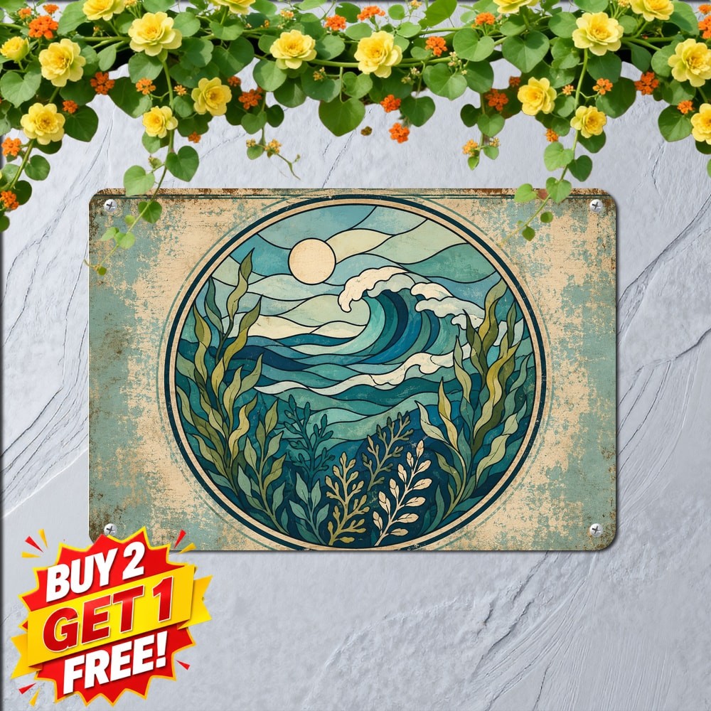 Bohemian Coastal Ocean Seaweed Acrylic Style Art Sign Metal Tin Decor Plaque