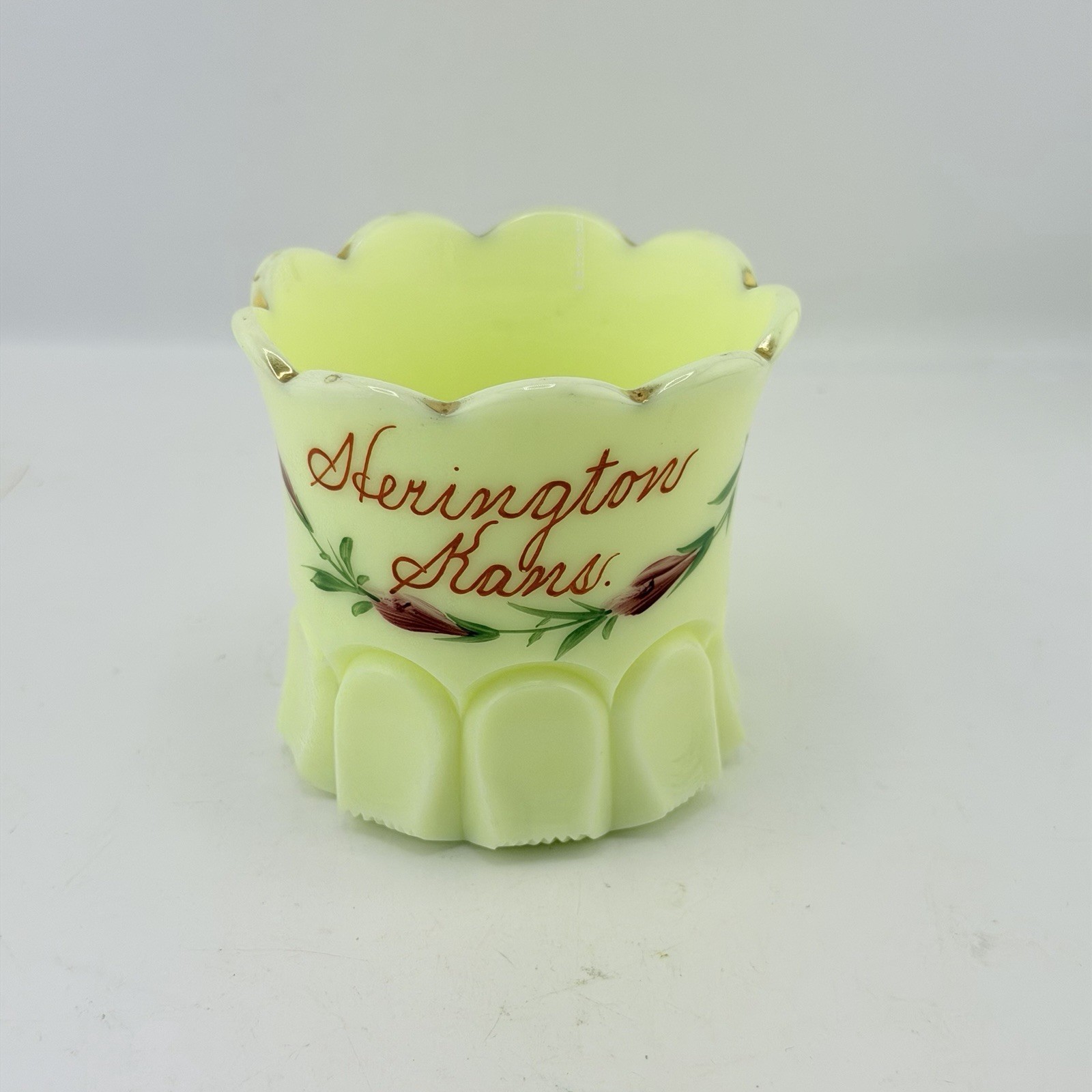 Antique Jefferson Ribbed Thumbprint Custard Glass Souvenir Herrington Kansas 