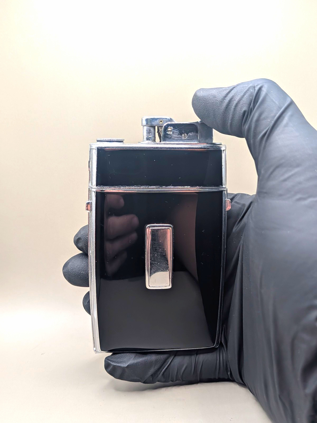 Vintage Evans Trig-A-Lite Cigarette Case Lighter Black Enamel Chrome Restored