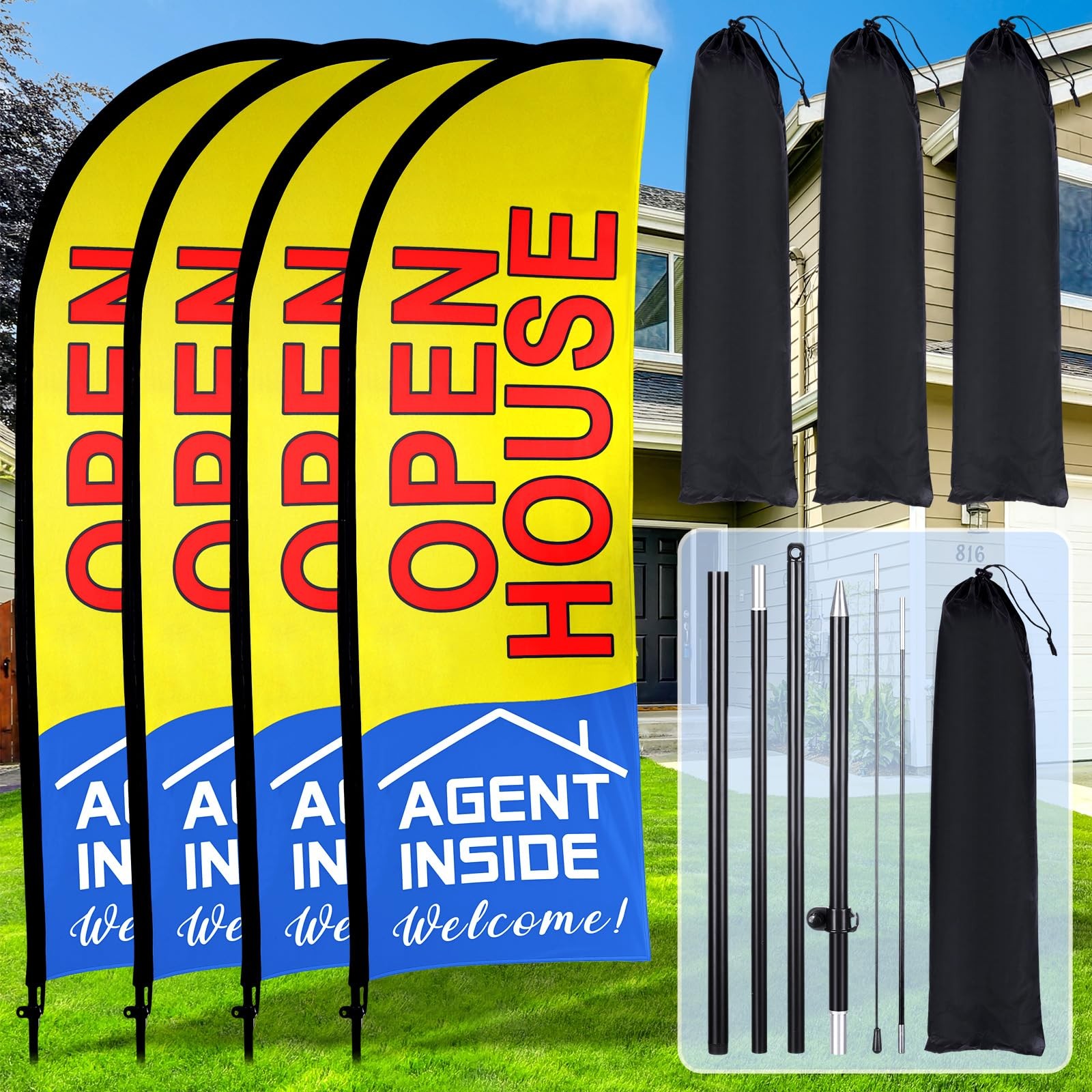 Buryeah 4 Pack Open House Flags Signs For Real Estate Agents 7X5.4 Ft Feather