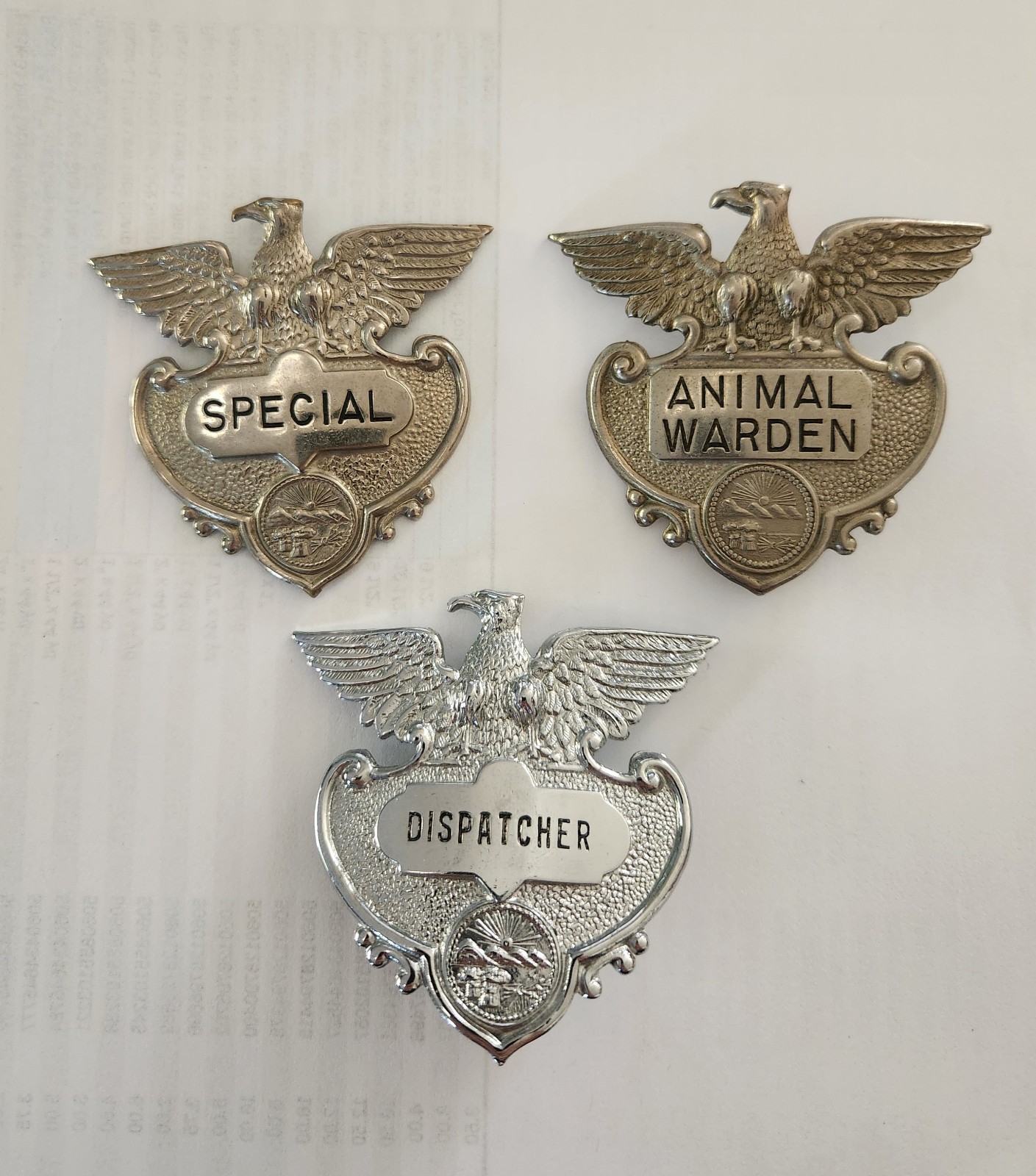 Vintage Obsolete 3 Ohio Eagle design badges. Animal Warden, Special, Dispatcher.
