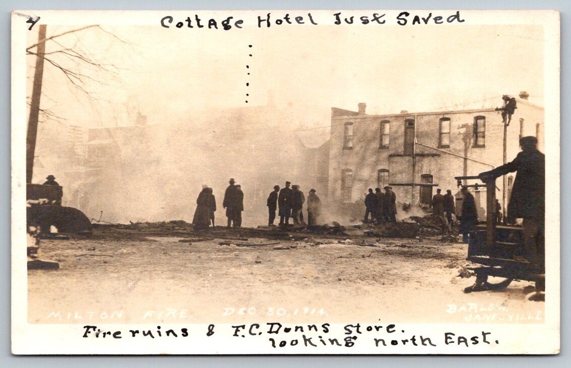 RPPC  Milton Wisconsin  Fire  F.C. Dunns Store  Real Photo Postcard  1914