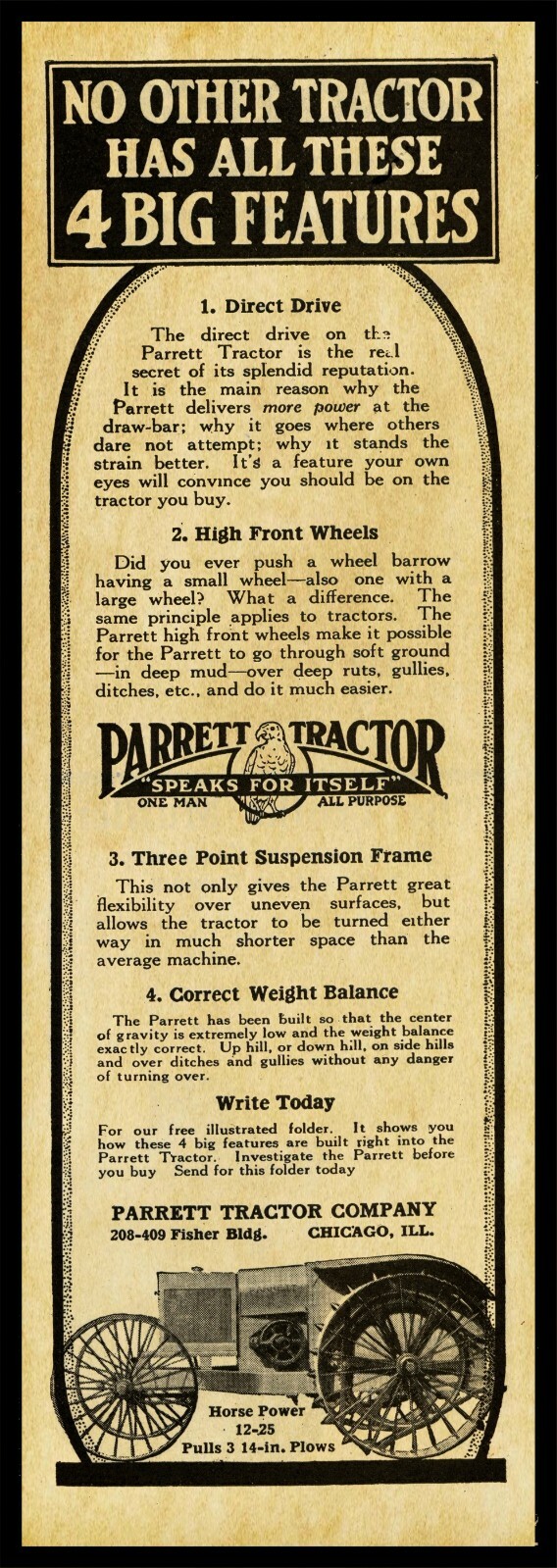 1916 Parrett Tractor, Chic. NEW Metal Sign, 12\
