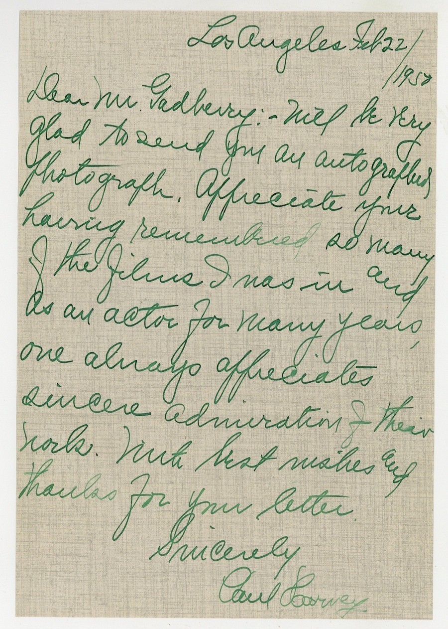 Paul Harvey Character Actor 1950 Rare Hand Written Letter, Signed Autograph