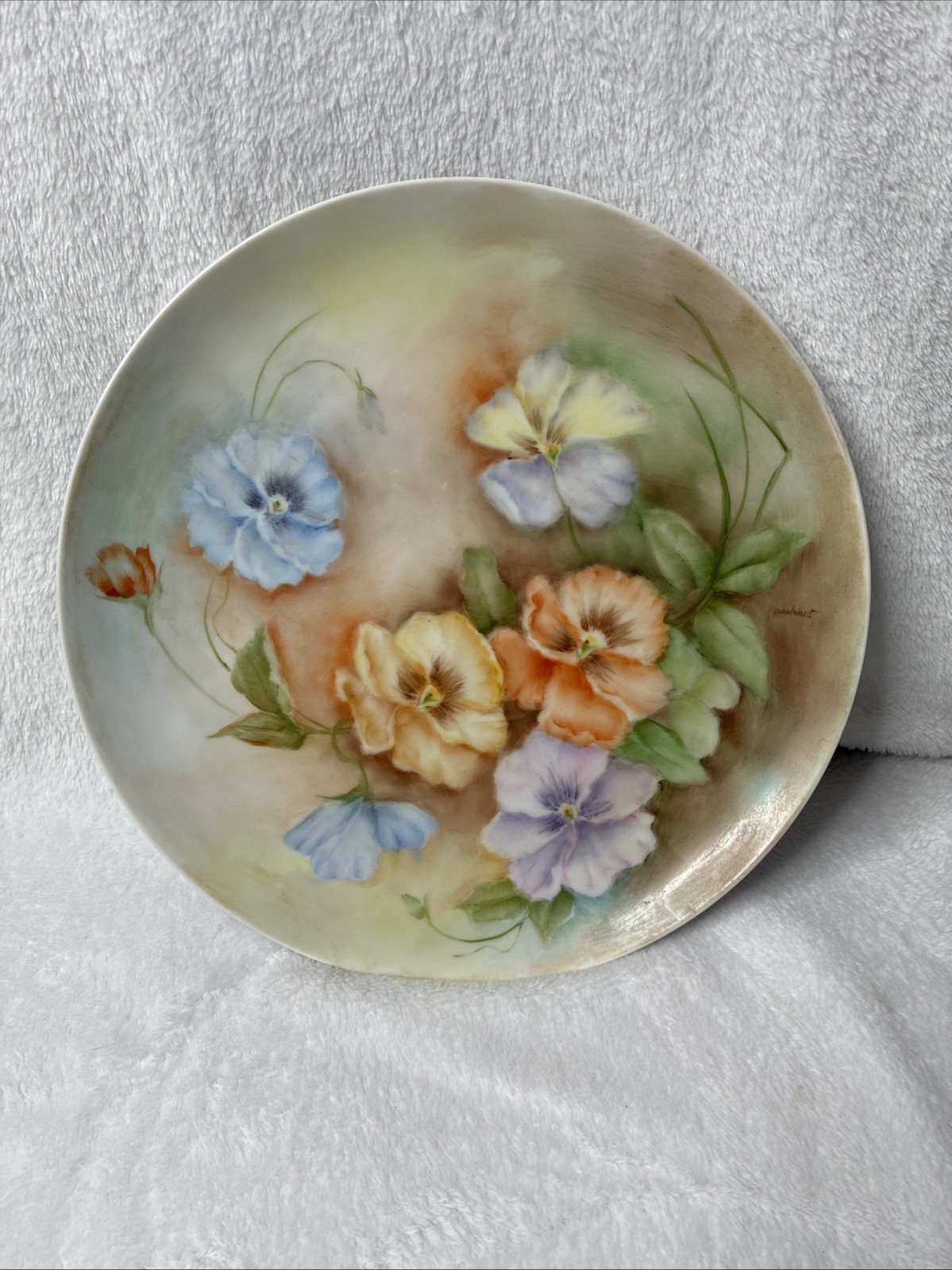 Vintage Hand Painted Pansy Porcelain Plate 10.5” Artist Signed Floral Decor