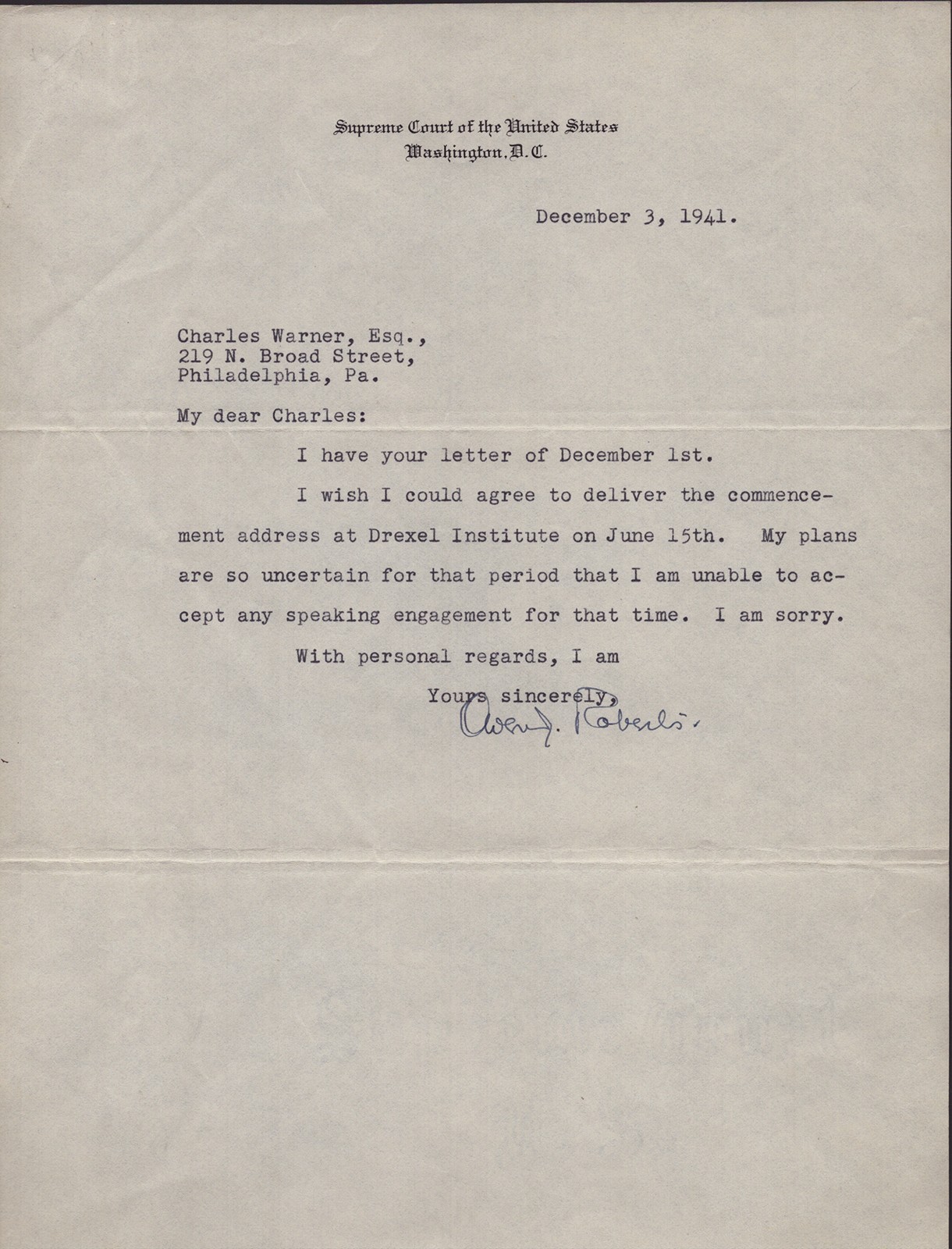 OWEN J. ROBERTS - TYPED LETTER SIGNED 12/03/1941