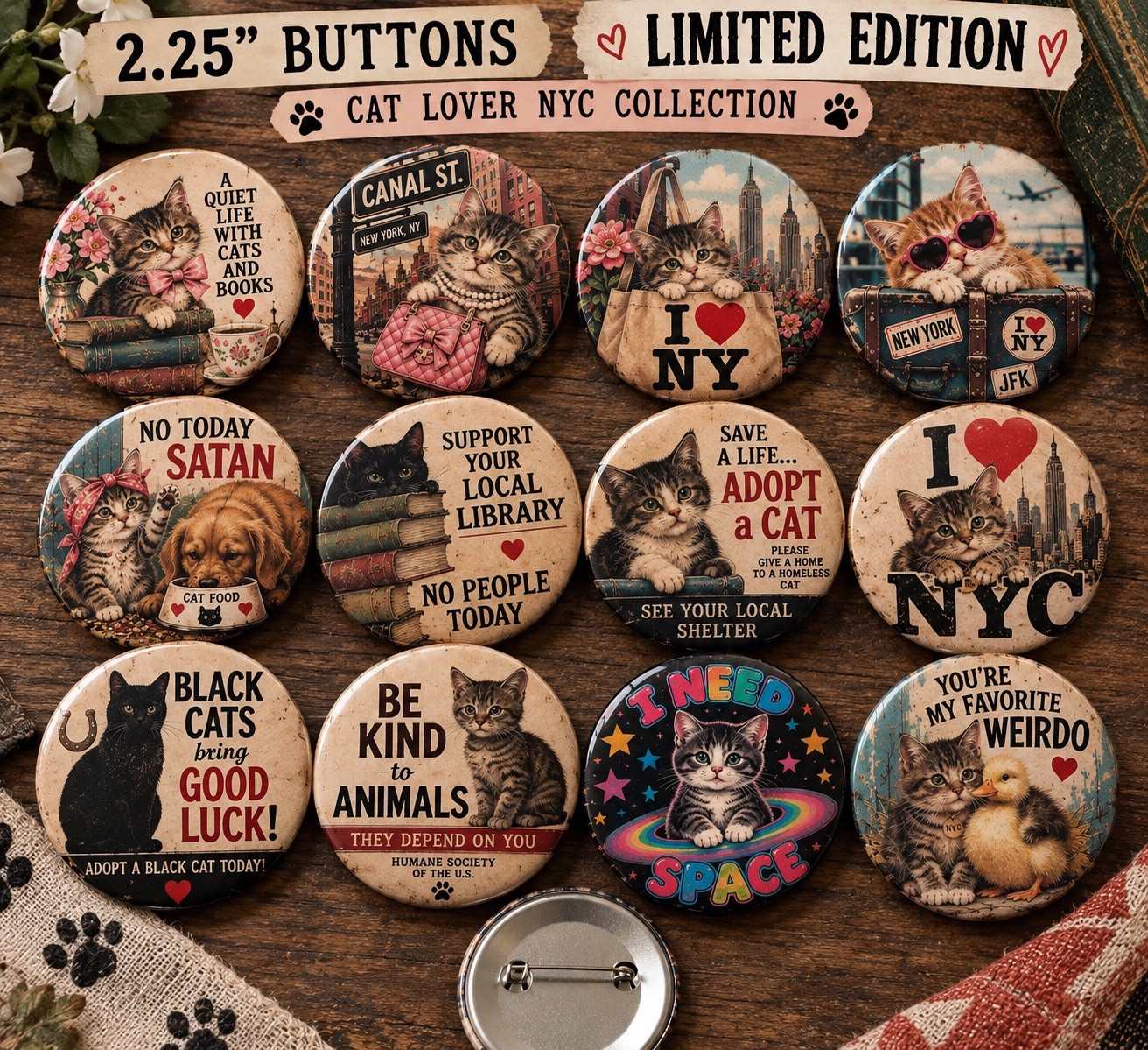 12 Vintage Retro  Cat Pinback Buttons 2.25” NYC Kitten  Limited Collector Set