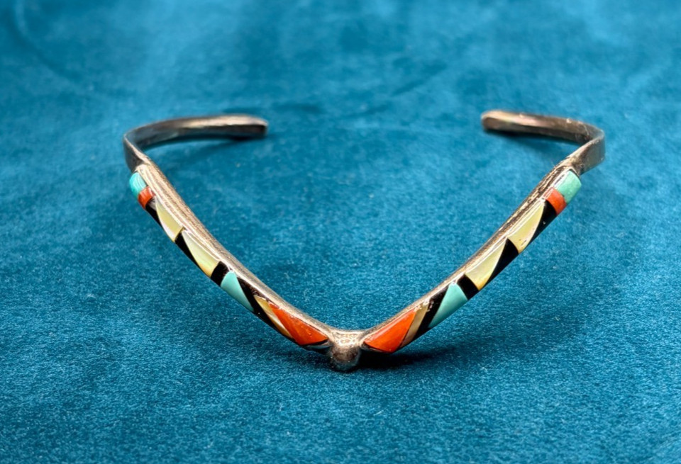Zuni Sterling Silver Chevron Cuff Bracelet Multi Stone Inlay Cena Weebothee 6