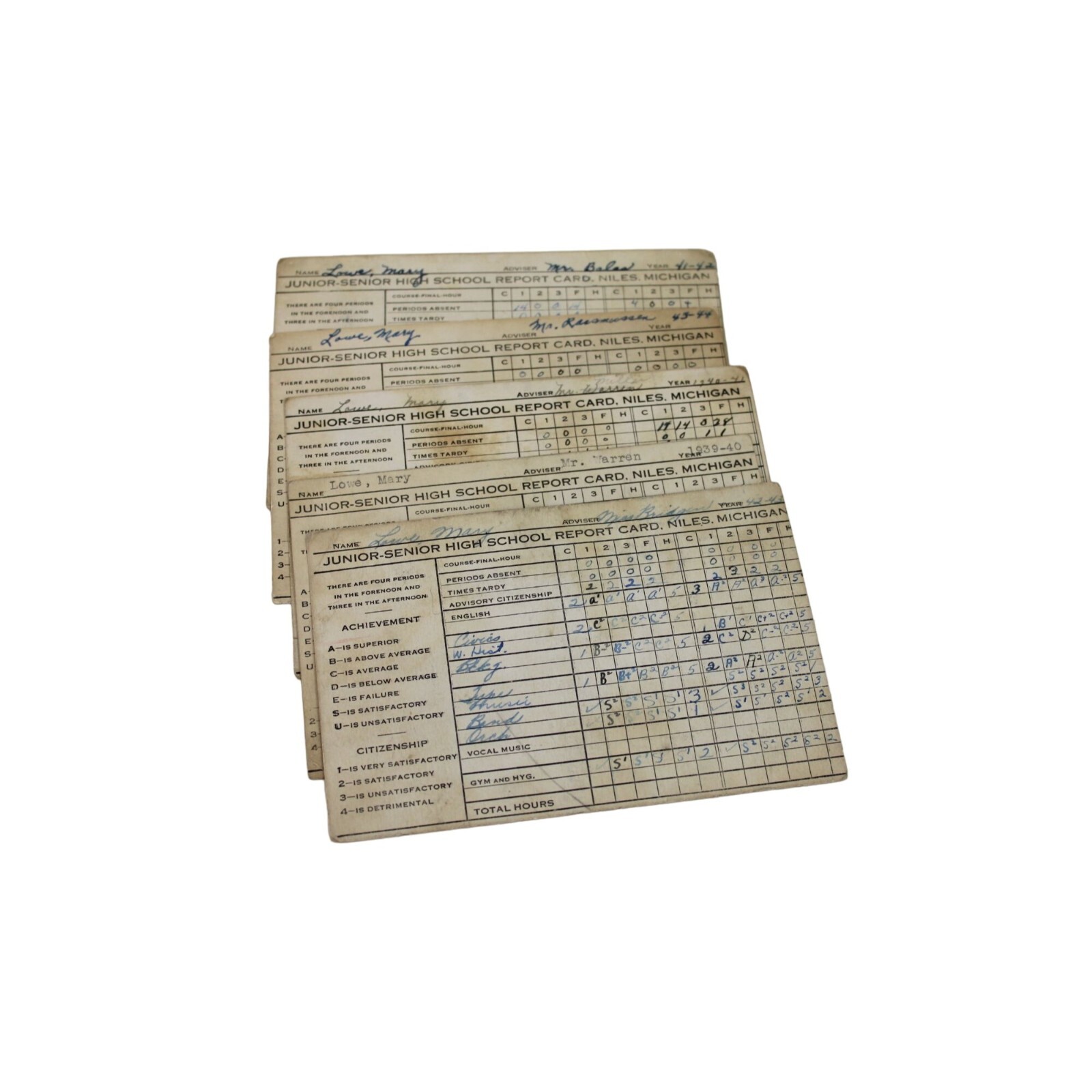 Lot Report Cards 1939 - 1944 Niles Michigan Vintage Junior Senior High 90730
