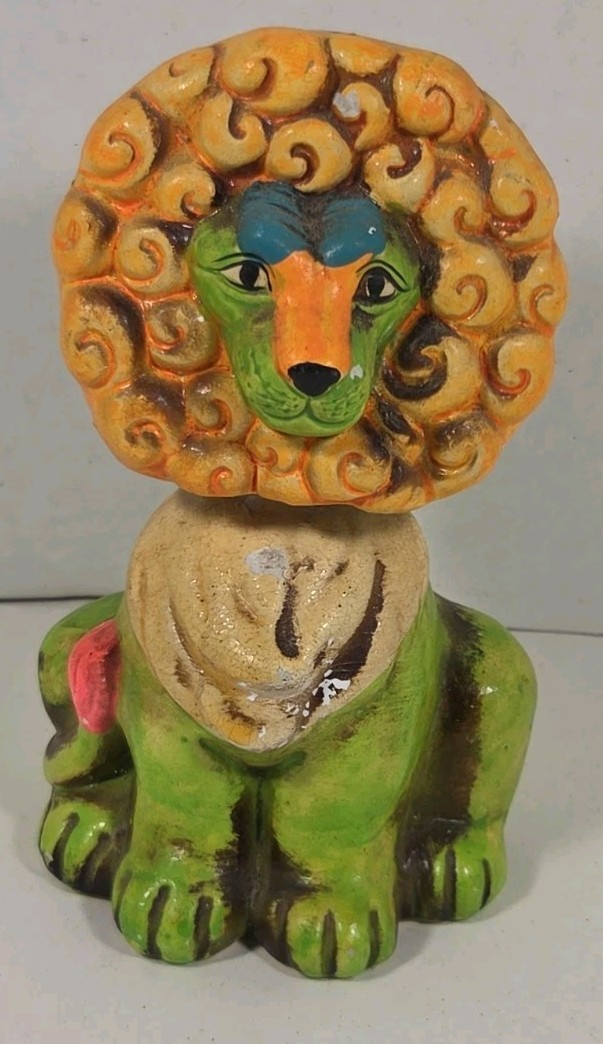 RARE Vtg 1960s Bobble Nodder Lion Coin Bank Paper Mache ChalkWare Psychedelic 