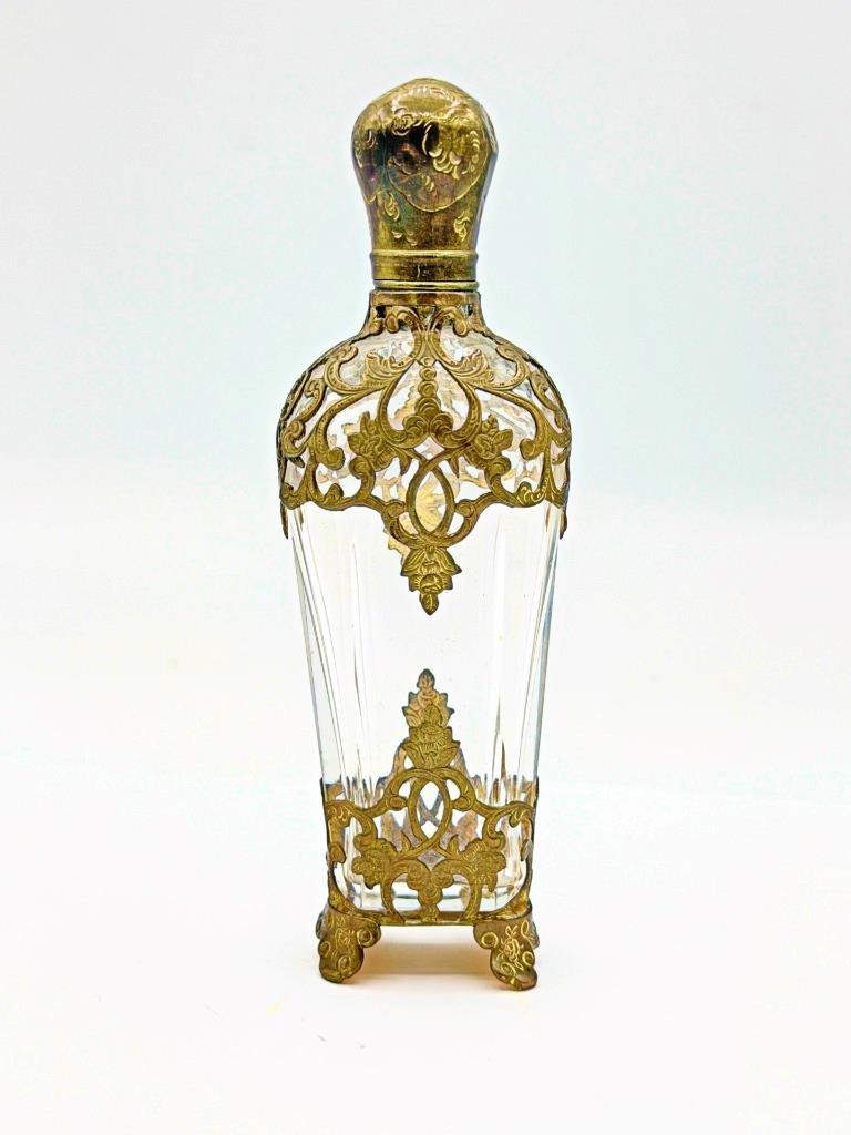 1800s Antique French Ornate Brass and Clear Cut Glass Perfume