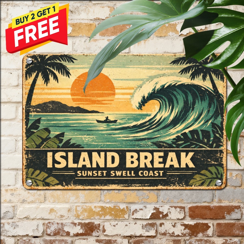 Tropical Surf Scene Beach Poster Vintage Coastal Surfing Art Metal Plaque 8x12