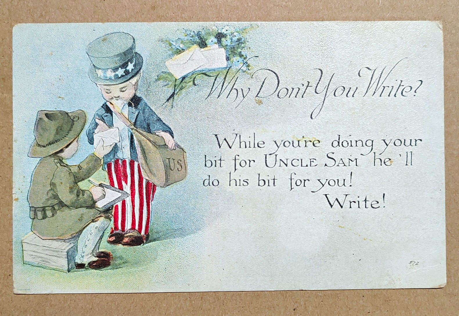 Vintage WW1 patriotic Uncle Sam postcard why don't you write? unposted...S24
