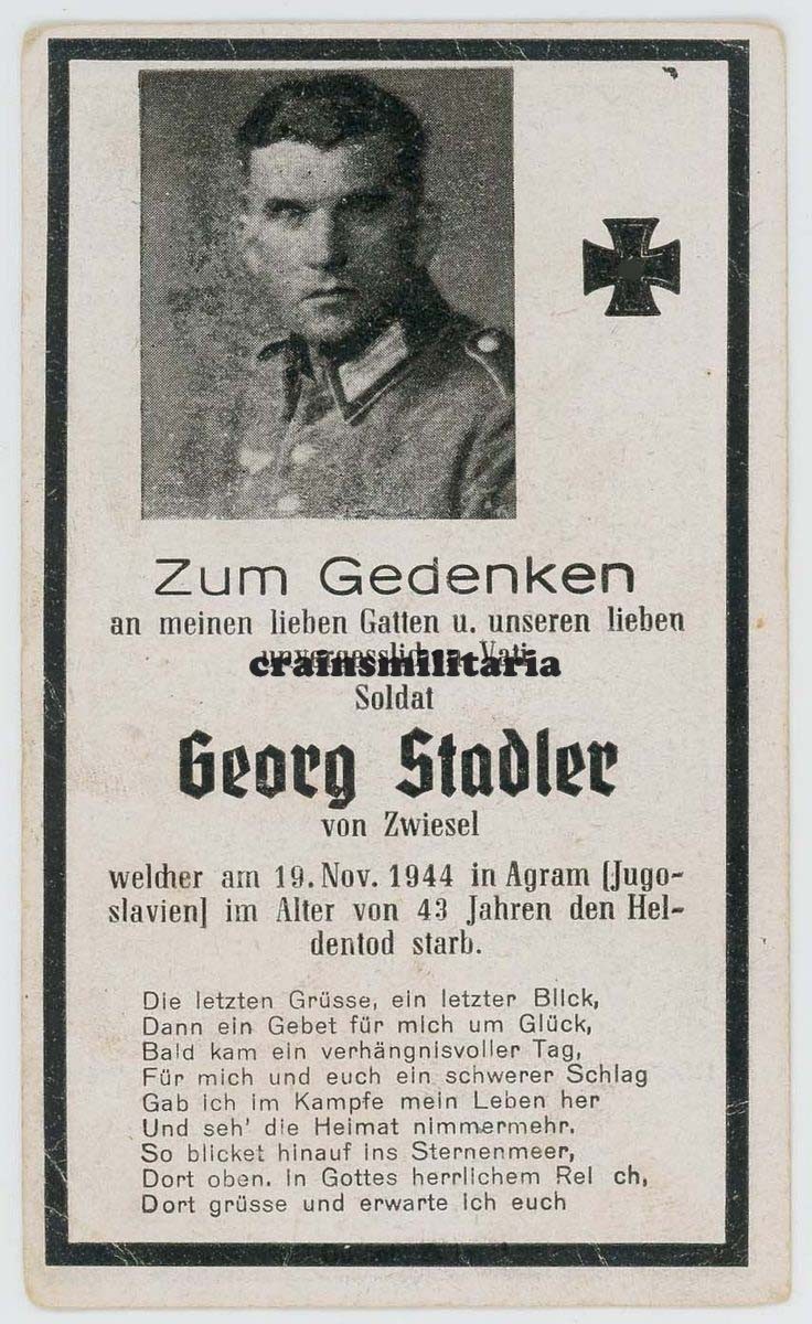 Genuine Death Picture Grenadier + AGRAM Zagreb Mirogoi Croatia Yugoslavia 1944