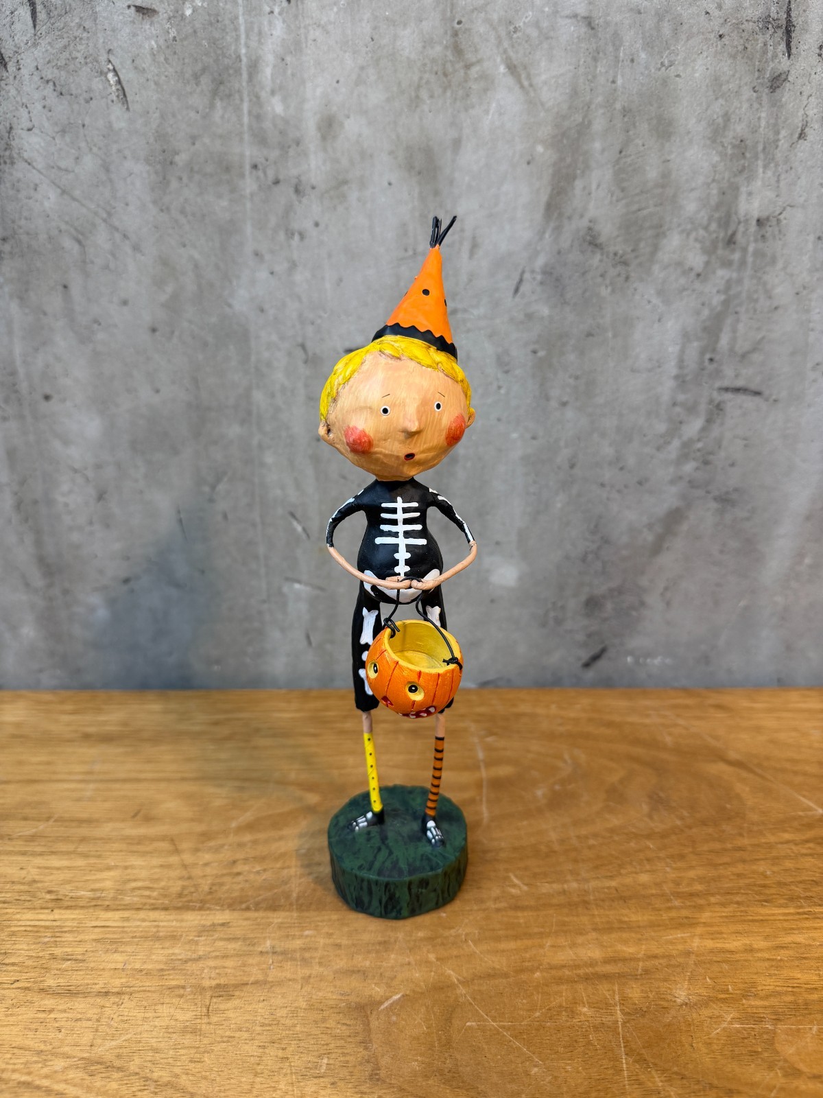 Lori Mitchell Funny Bones Halloween Skeleton Boy Pumpkin Folk Art Figurine 2009