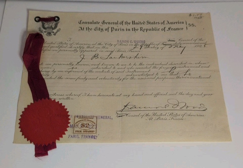 ANTIQUE 1925 UNITED STATES CONSULATE PARIS FRANCE COMPLETED FORM RIBBON & SEAL