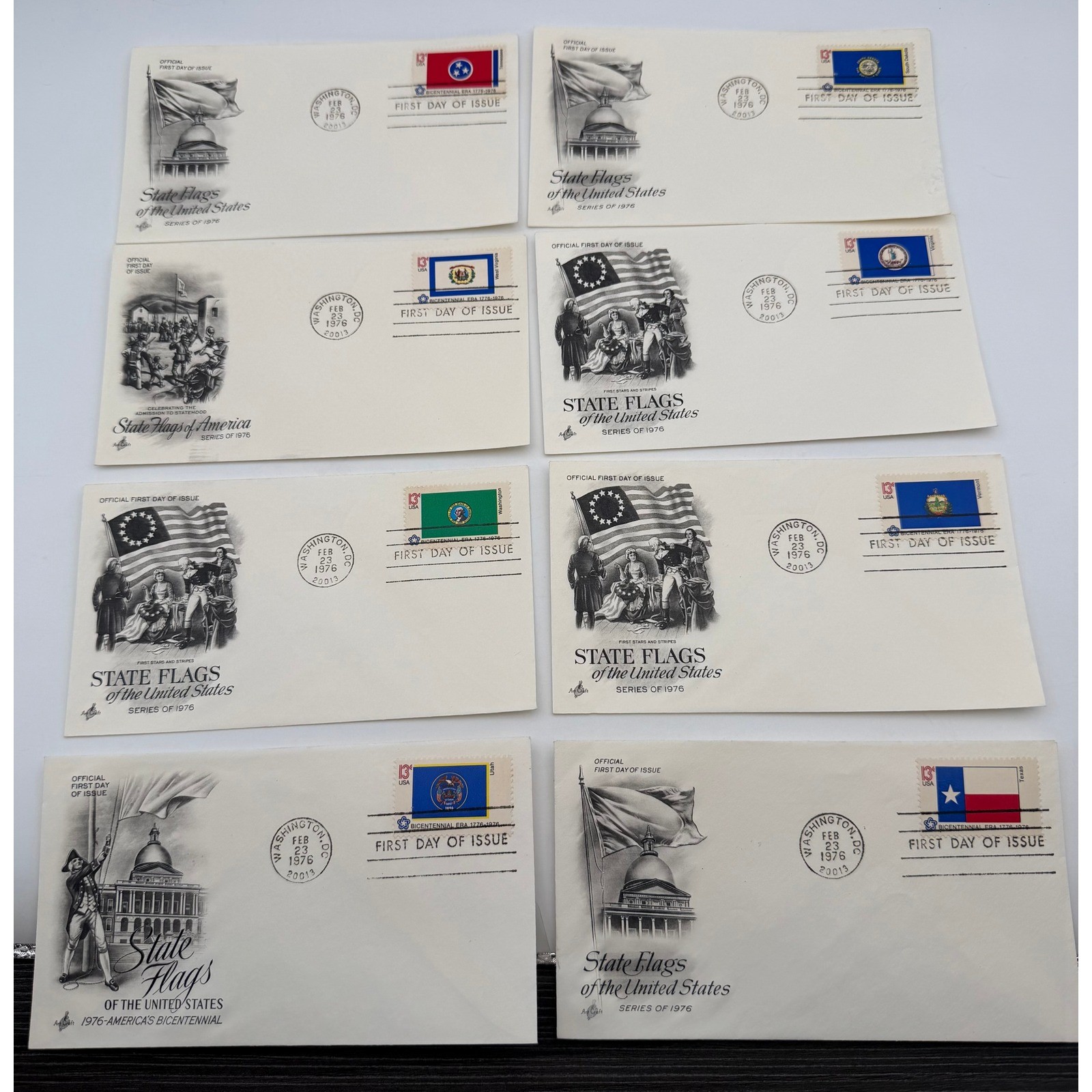 8pc Vintage 1976 ArtCraft State Flags First Day of Issue Envelopes 13c Stamps