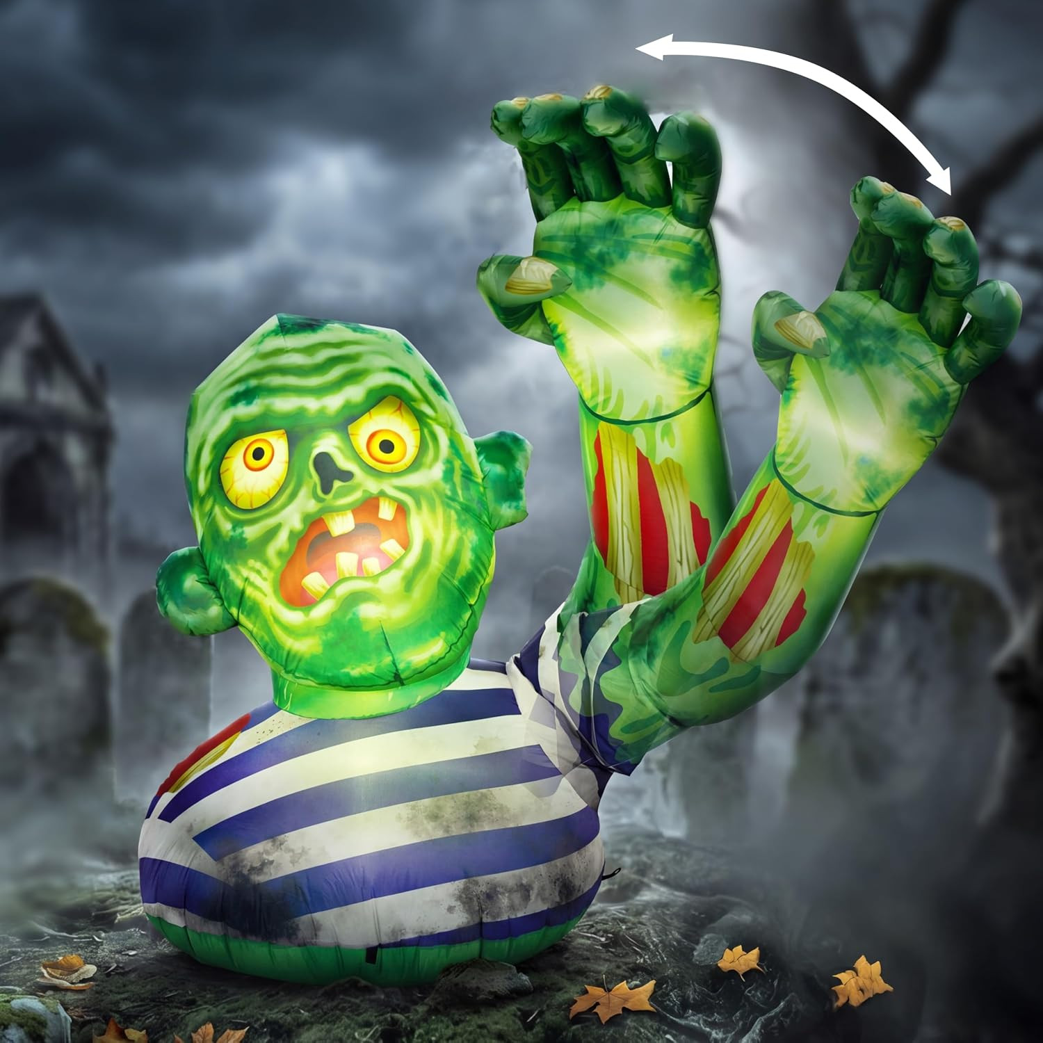 5.5FT Halloween Inflatable Zombie Decoration with Waving Raised Hand & Built-In