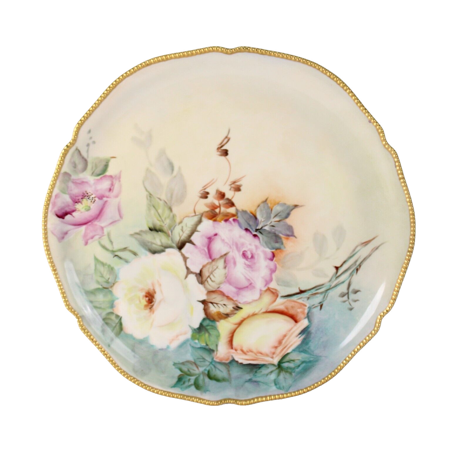 Vintage Hand Painted Beaded Edge Floral Roses Plate Signed  Irvin Hopkins 53