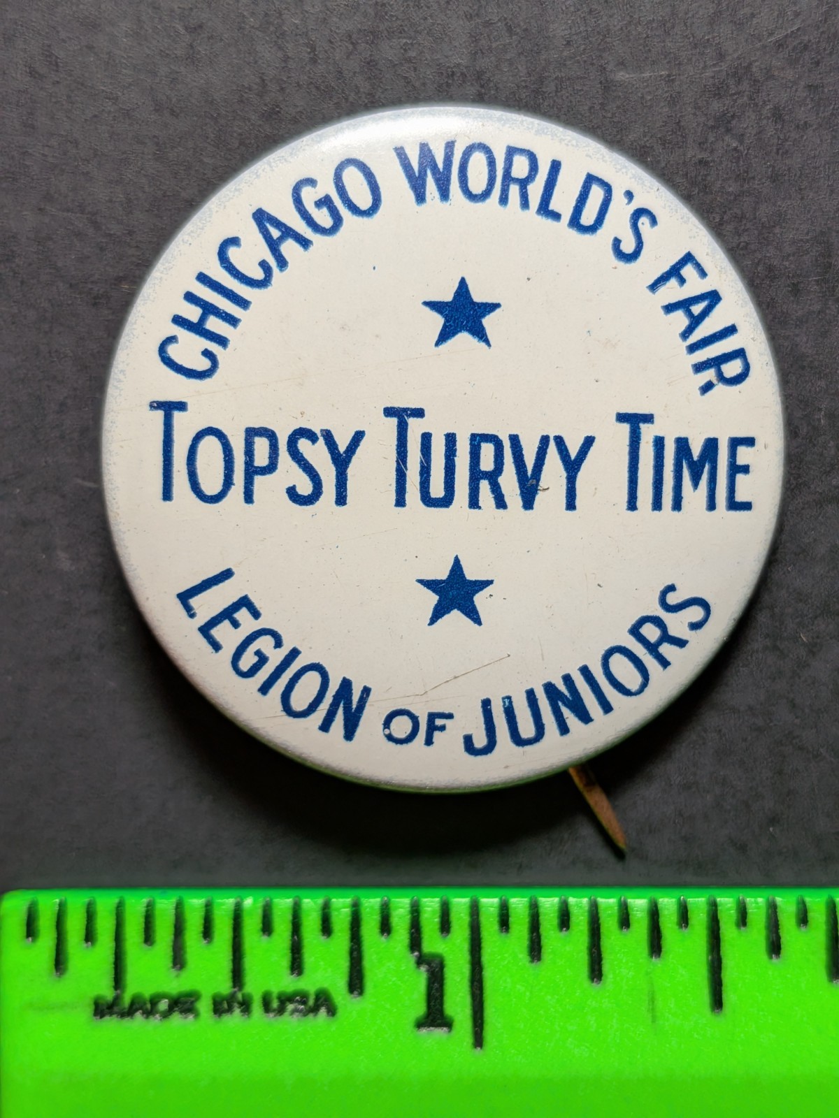 Vintage Chicago World's Fair Topsy Turvy Time Pinback Pin