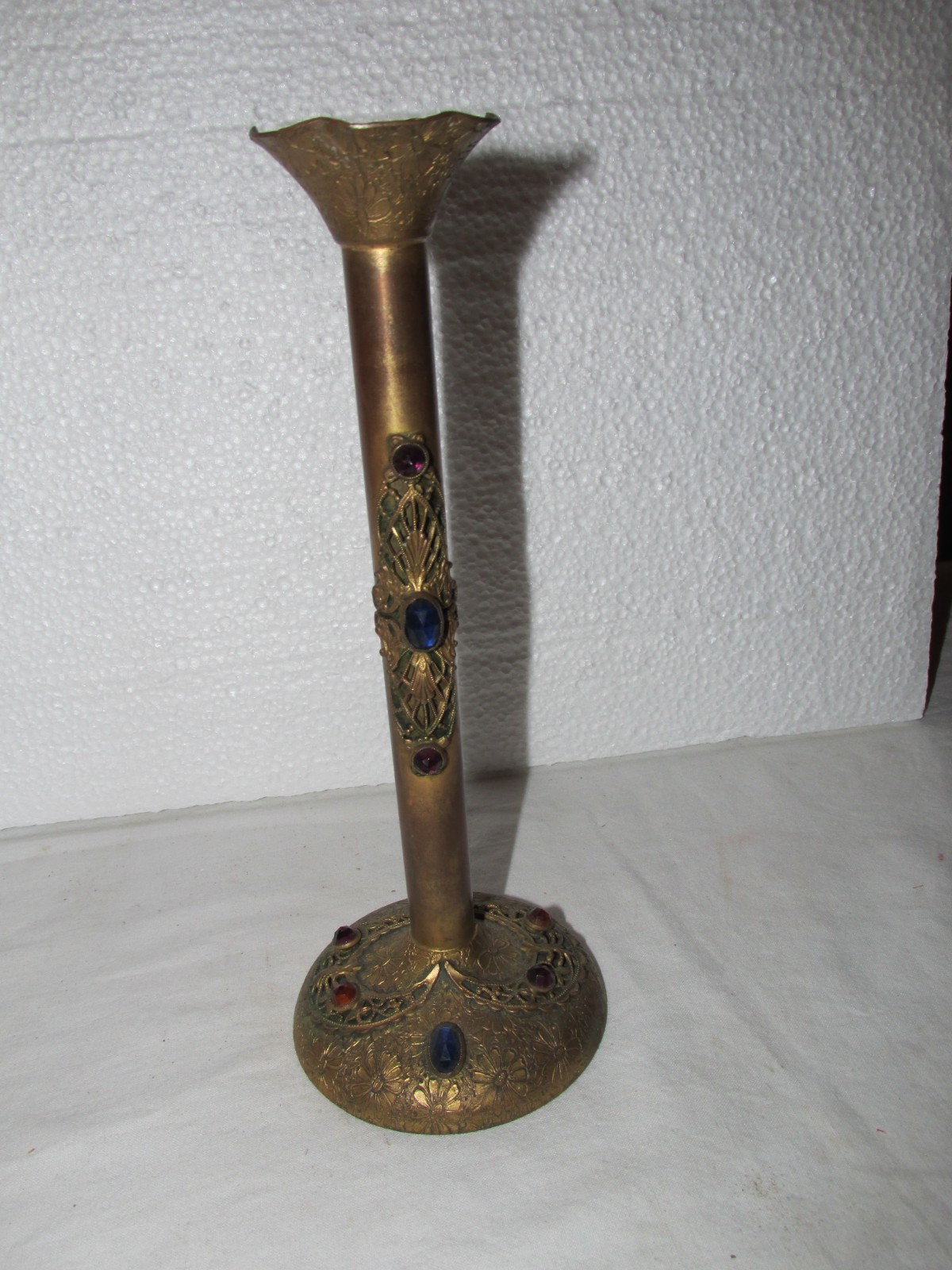 Extremely Rare 1920's Filagree Brass Glass Jewels Vanity Bud Vase E & JB?