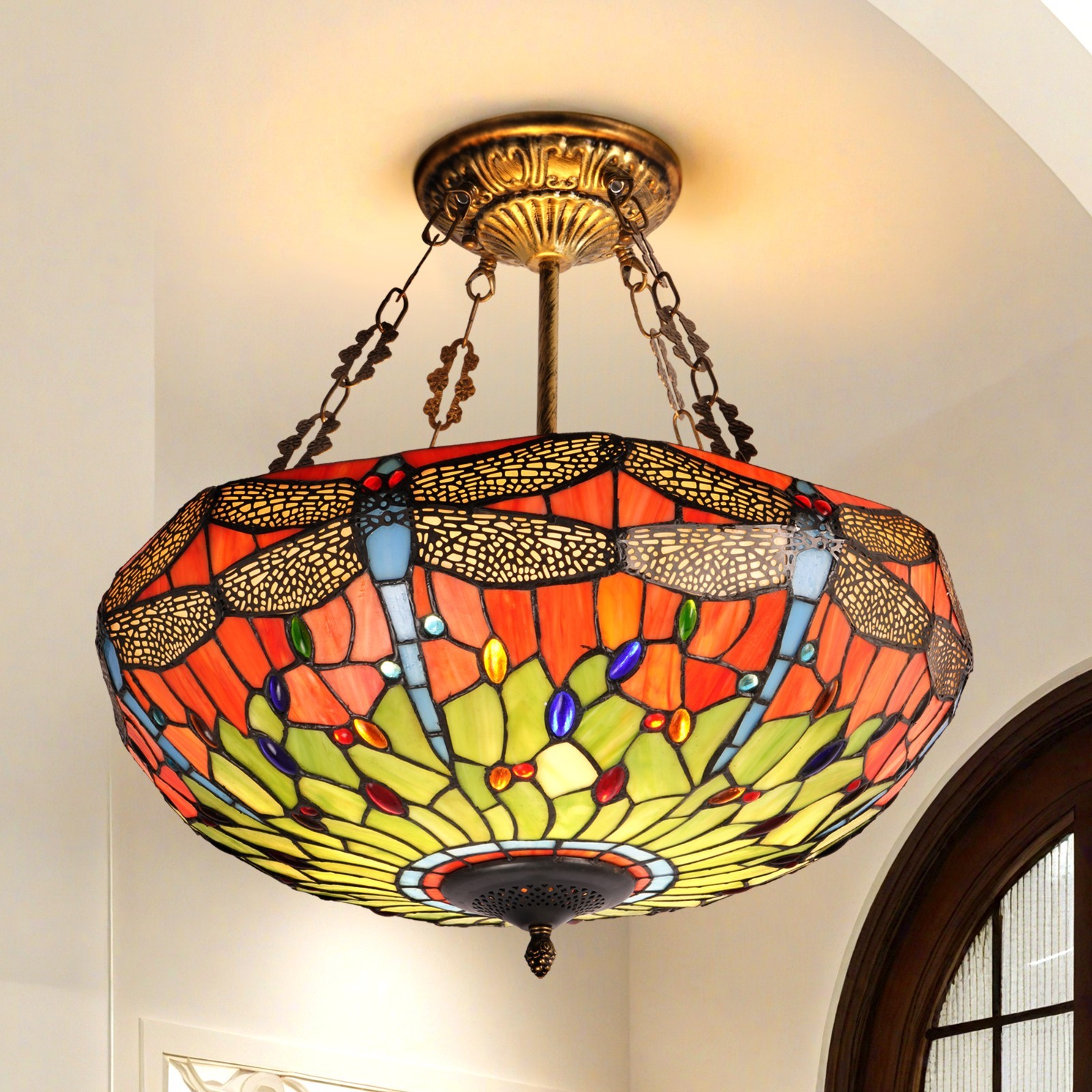 20 In Colored Glass Chandelier, Green Dragonfly Lampshade, Living Room Light,New
