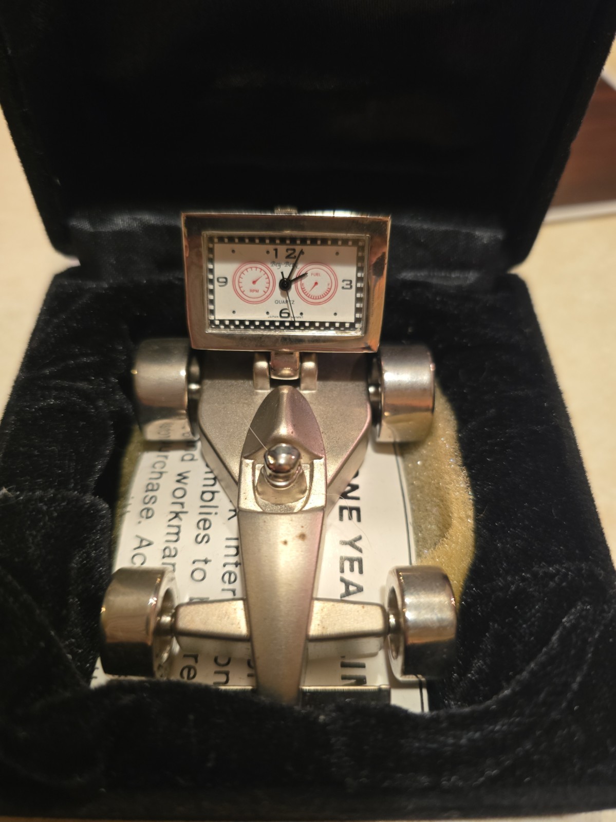 Miniature Clock RACING CAR Silver Metallic Mini. 