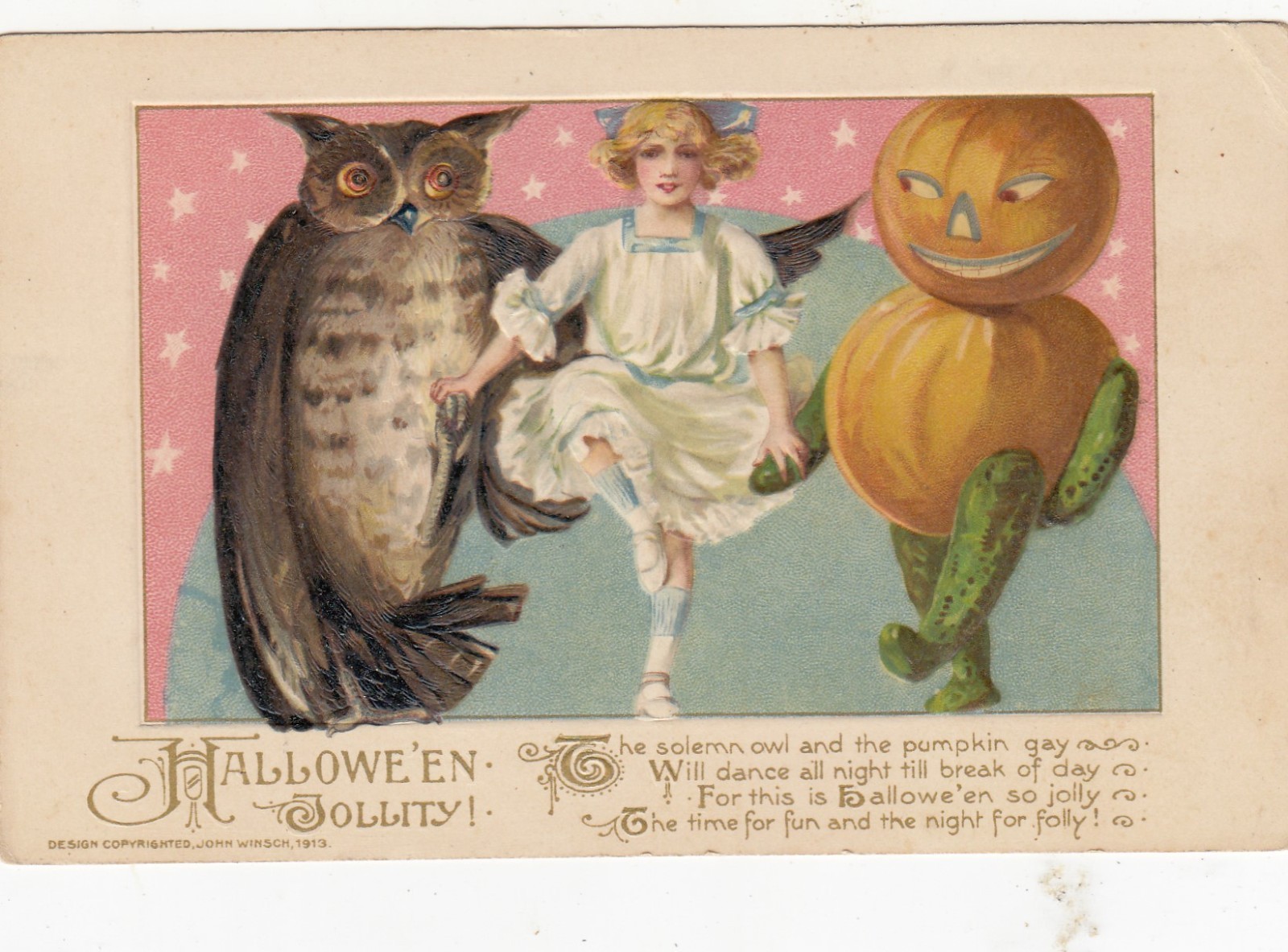 vintage EMBOSSED HALLOWEEN  GIRL with OWL & JOL MAN JOHN WINCH 1913 SCHMUCKER