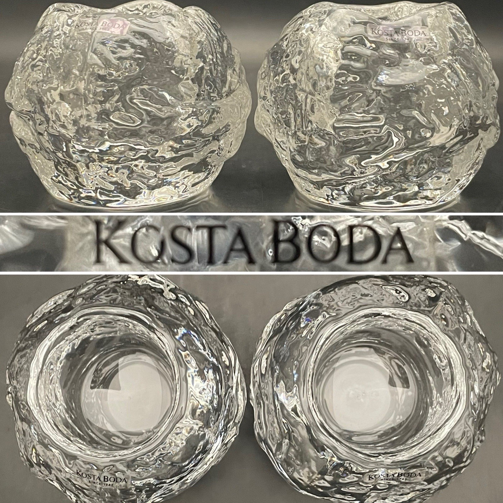 Kosta Boda by Ann Warff 2pc Snowball Votive Candleholders c1970s Sweden 3.5