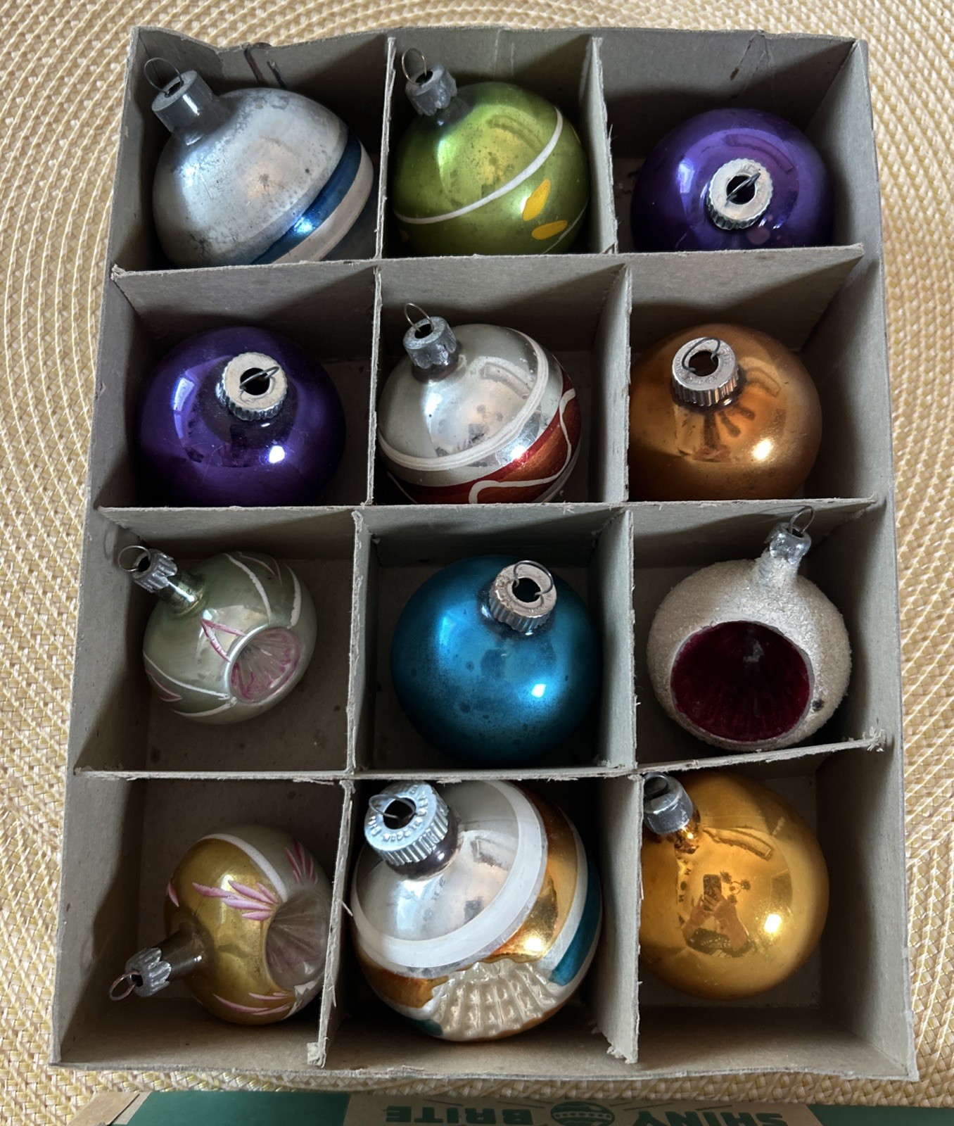 VTG Original Box 12 Shiny Brite Mercury Glass Christmas Ornaments Indent Stripes