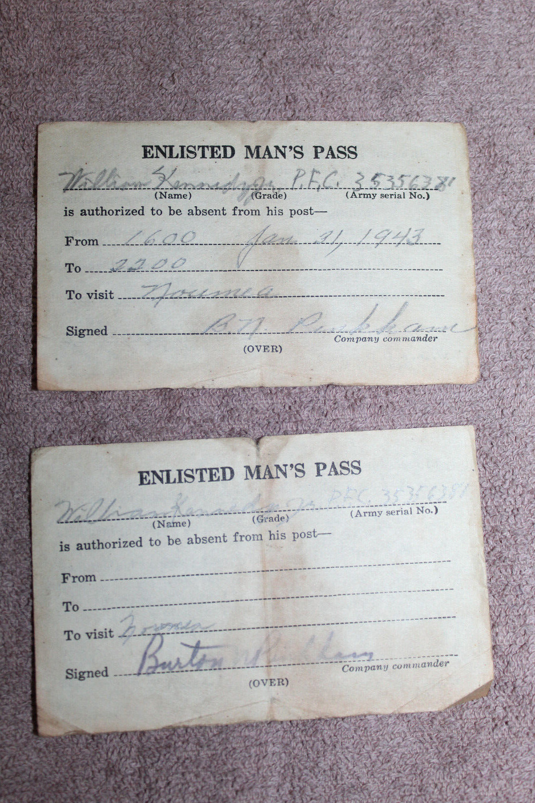 Original WW2 U.S. Army Soldiers Enlisted Mans Passes for PFC William Kennedy, Jr