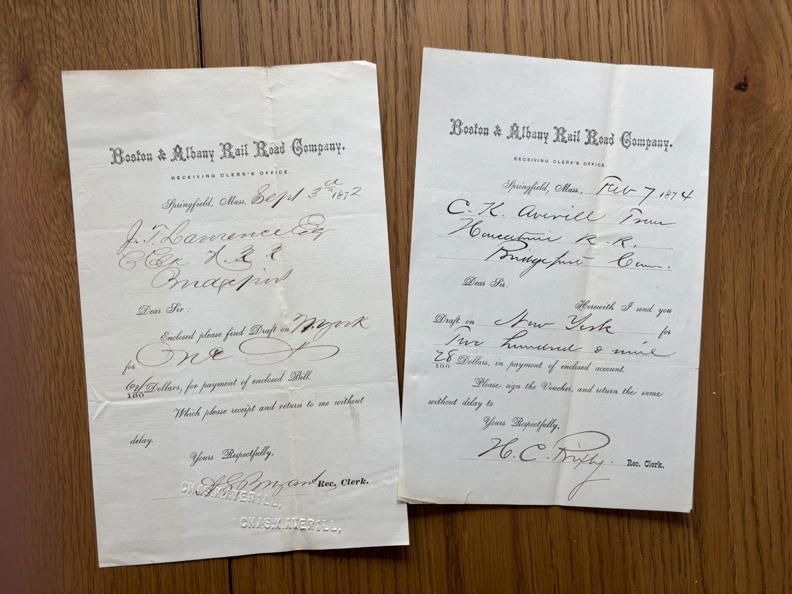 1872/74 two receipts BOSTON ALBANY RAILROAD CO 2 HOUSATONIC RAILROAD money draft