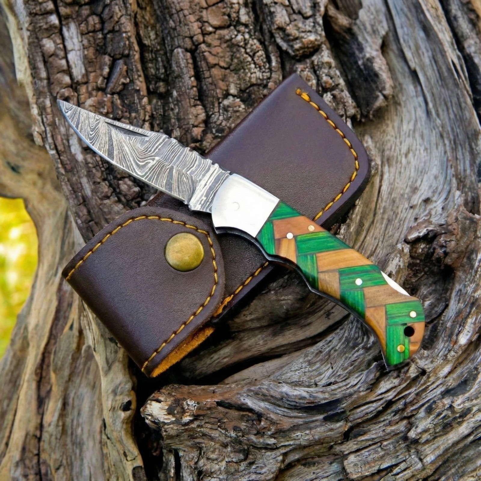 SK Customs Damascus Steel Folding Pocket Knife Green Wood Lockback With Sheath