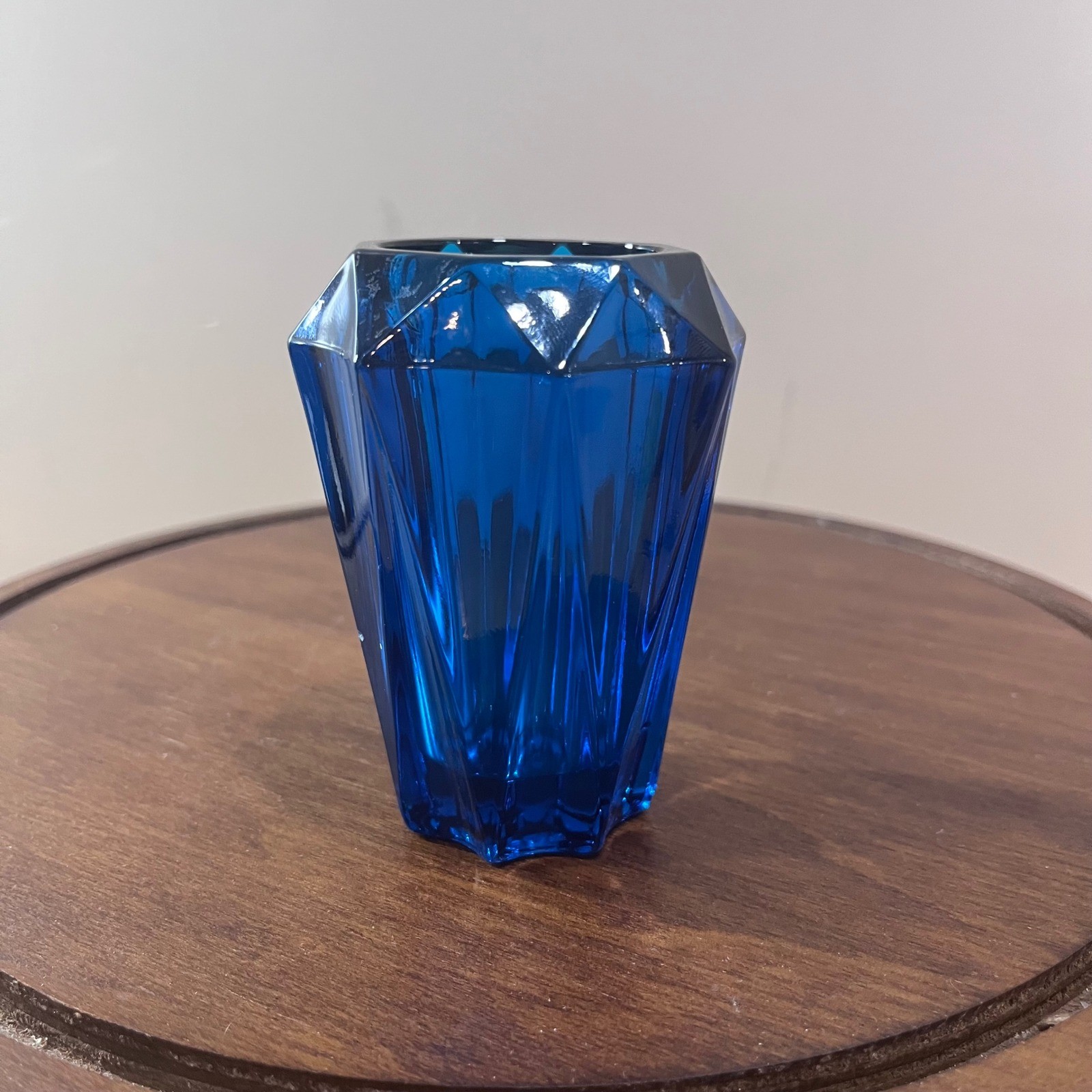Vtg Viking Bluenique Glass Lighter Holder Faceted Diamond Point Blue MCM 3.75