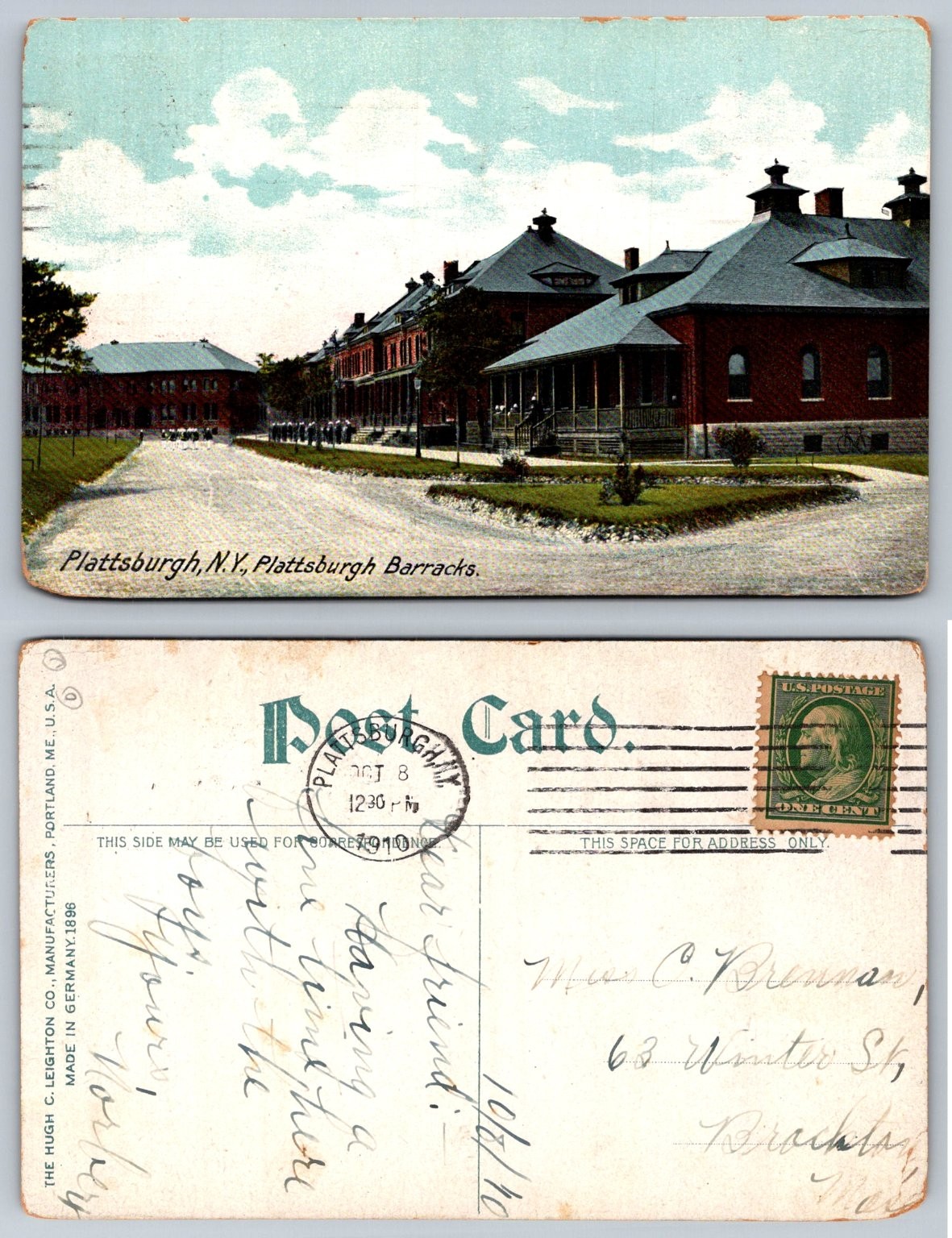 Plattsburgh Barracks NY Postcard 1910 Posted US Military Base Hugh C. Leighton