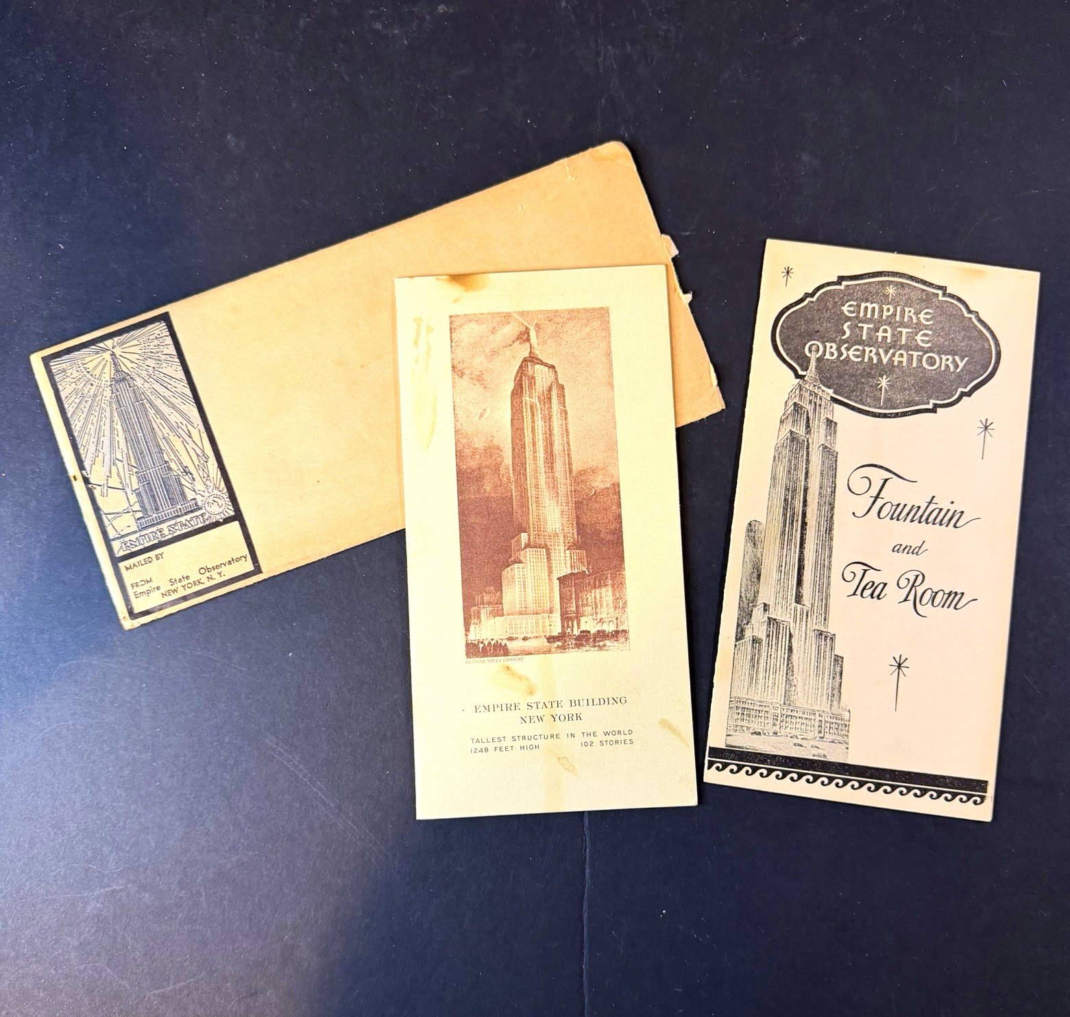 Vtg 1930’s-1943 Empire State Building Fountain & Tea Room Menus w/ Envelope, NY