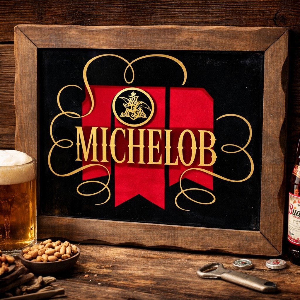 Vtg 1970s Michelob Beer Glass & Wood Framed Foil Advertising Bar Sign 19